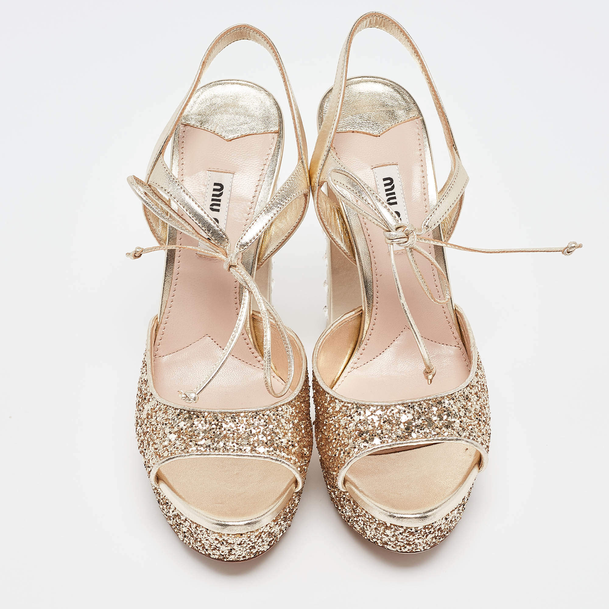 Pre Owned Miu Miu Gold Glitter Leather and Glitter Ankle Strap Sandals Size 37.5