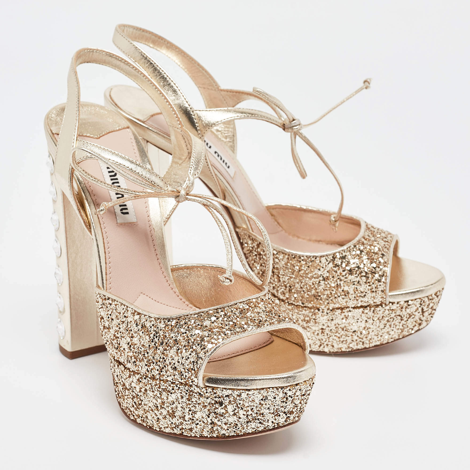 Pre Owned Miu Miu Gold Glitter Leather and Glitter Ankle Strap Sandals Size 37.5