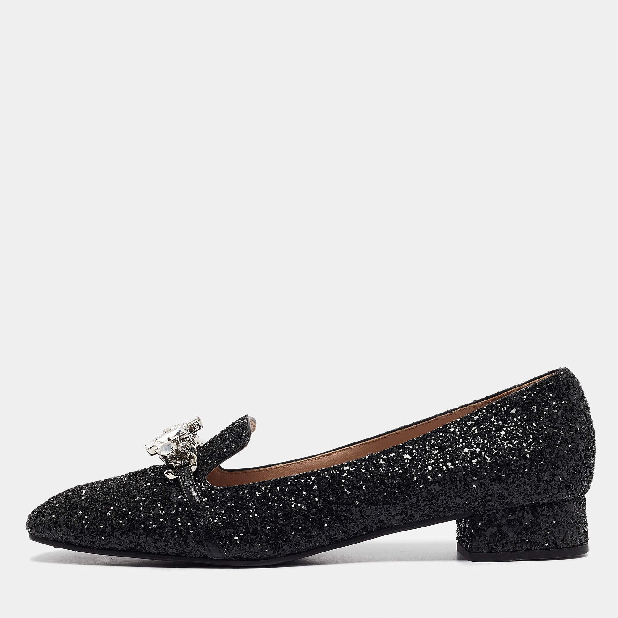 Miu Miu Black Glitter Crystal Embellished  Loafers Size 40