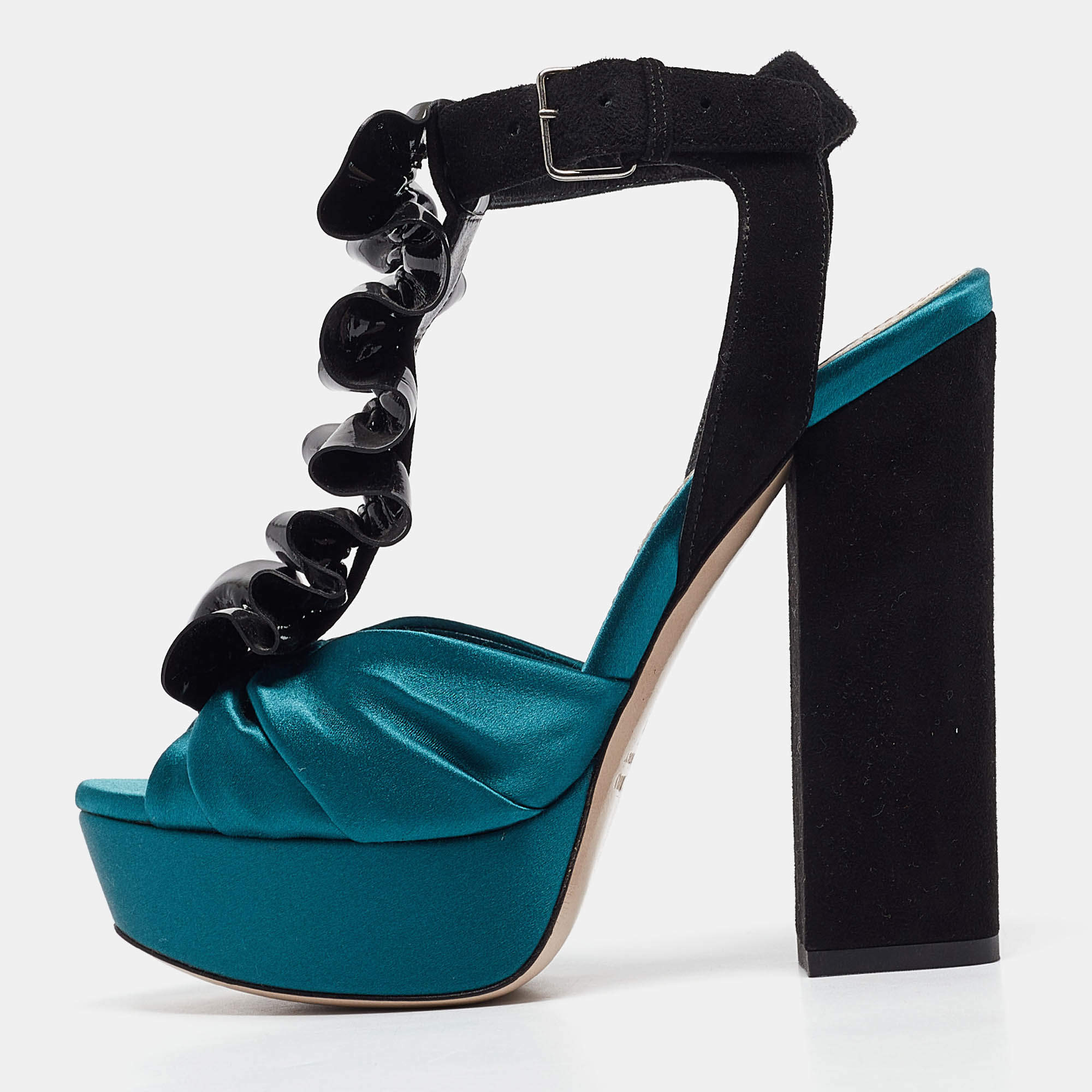 Miu Miu Black/Green Satin and Suede Ankle Strap Sandals Size 35