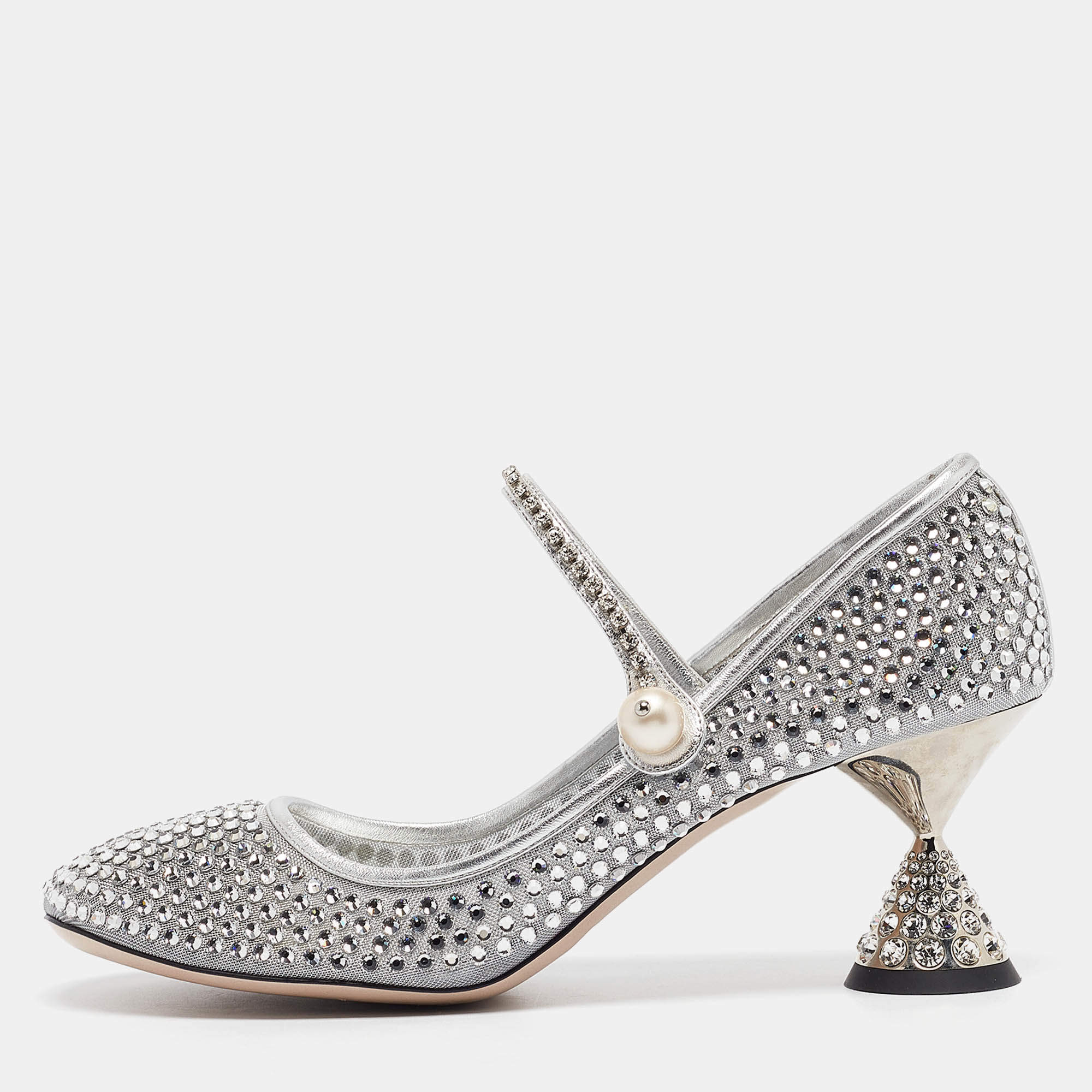 Miu Miu Silver Leather and Mesh Crystal Embellished Pumps Size 40