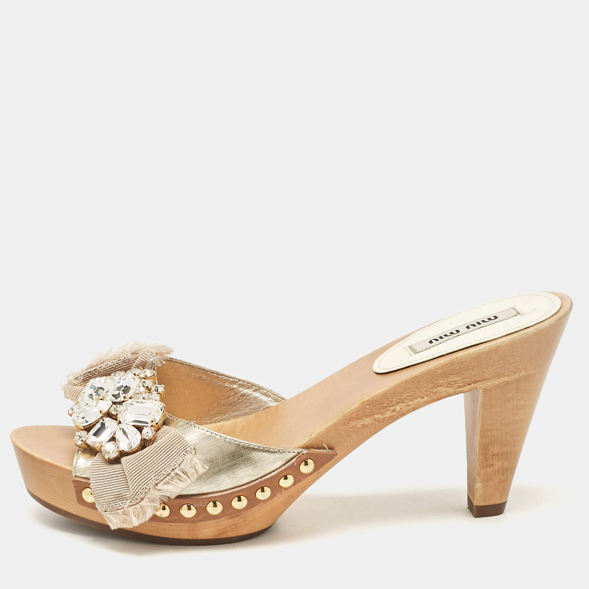 Miu Miu Gold Leather Crystal Embellished Slide Sandals Size 37