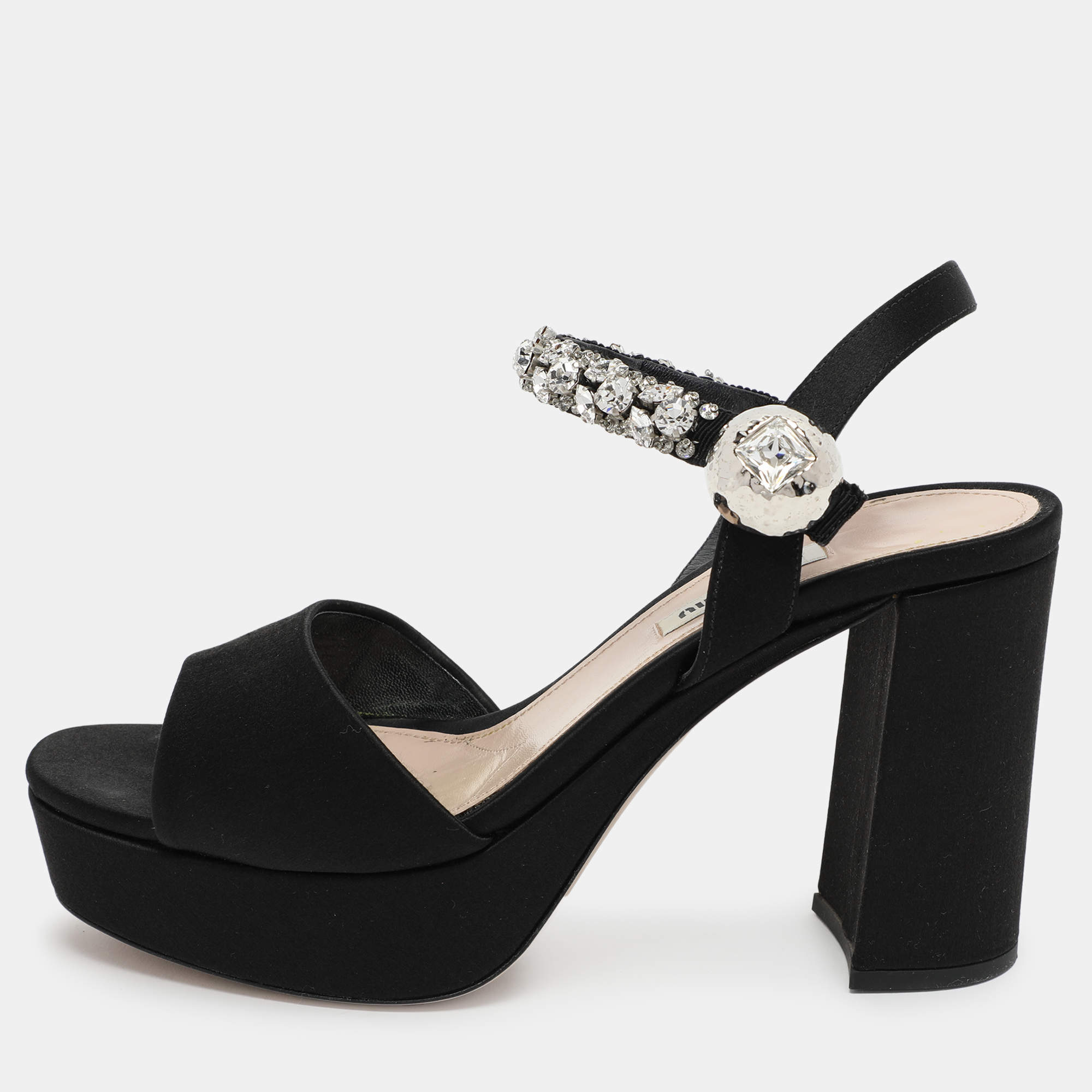 Miu Miu Black Satin Crystal Embellished Platform Ankle Strap Sandals Size 38