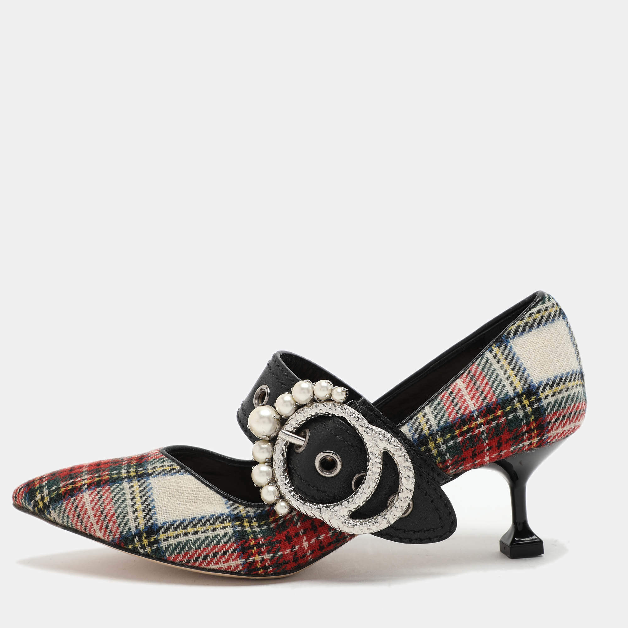 Miu Miu Multicolor Fabric and Leather Embellished Mary Jane Pumps Size 38