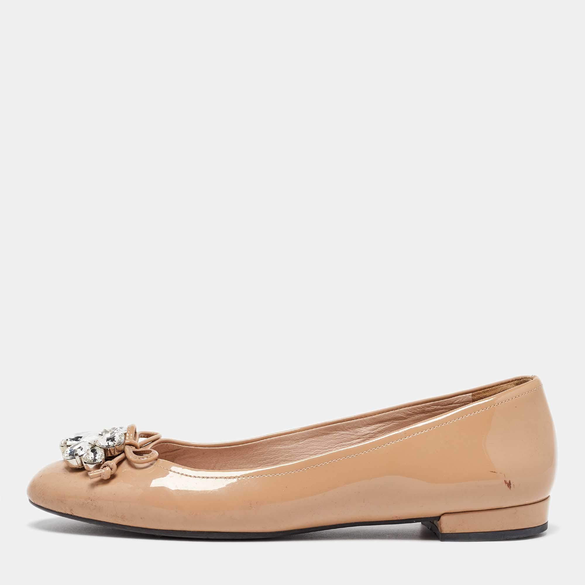 Miu Miu Beige Patent Leather Crystal Embellished Ballet Flats Size 37.5