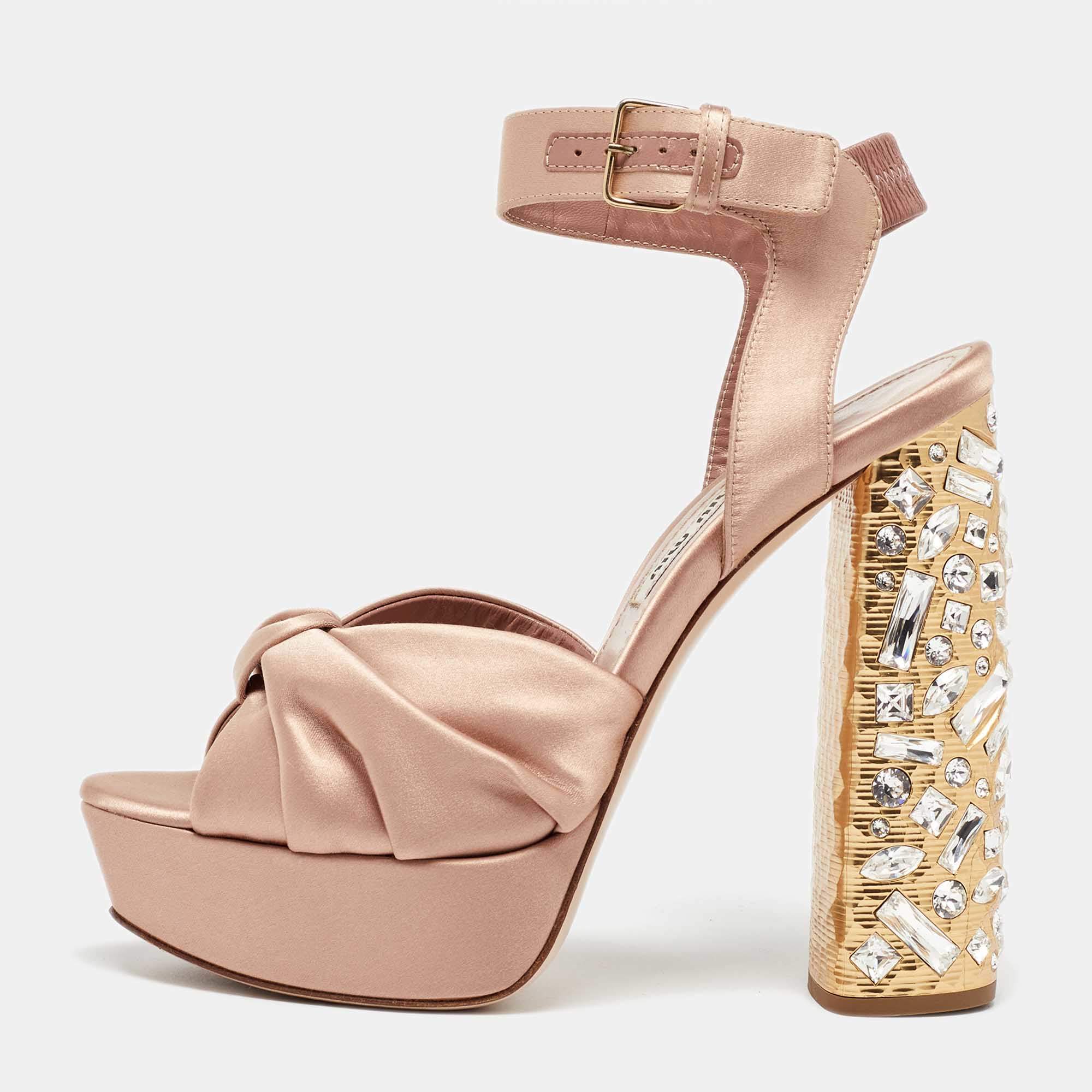 Pre Owned Miu Miu Beige Satin Crystal Embellished Block Heel Platform Ankle Strap Sandals Size 36