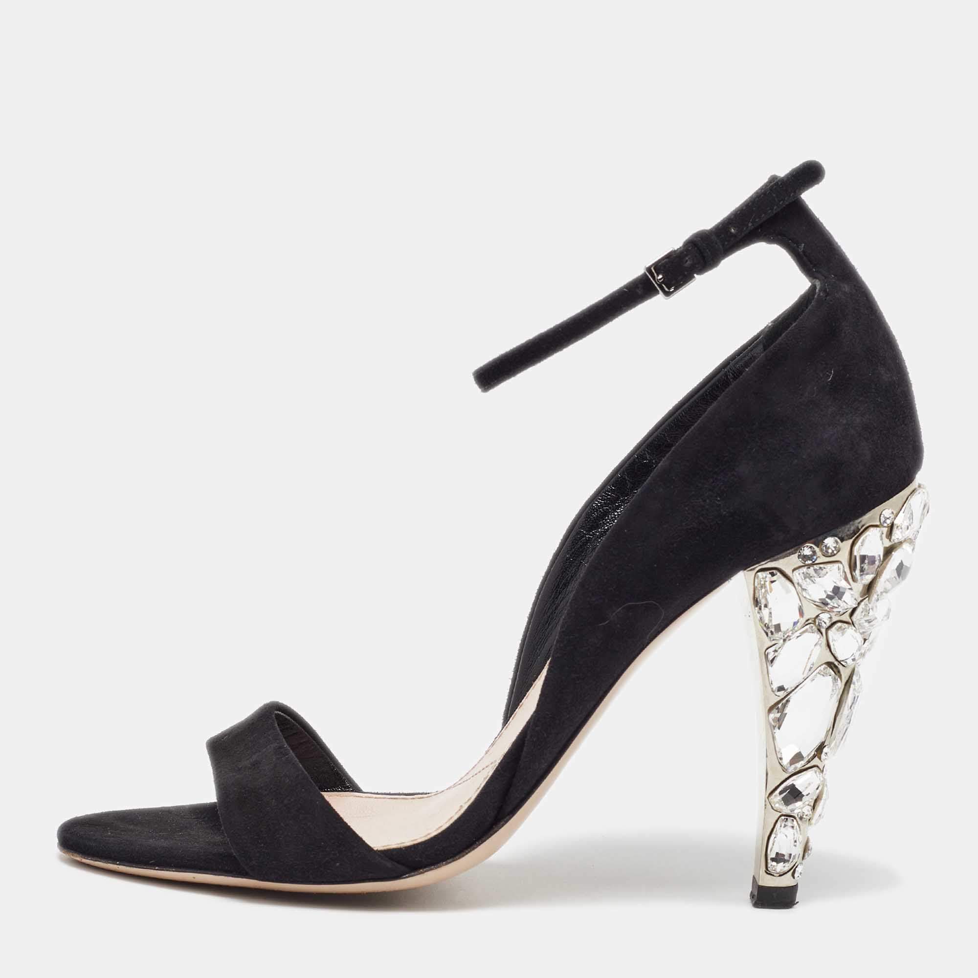 Miu Miu Black Suede Crystal Embellished Ankle Strap Sandals Size 36