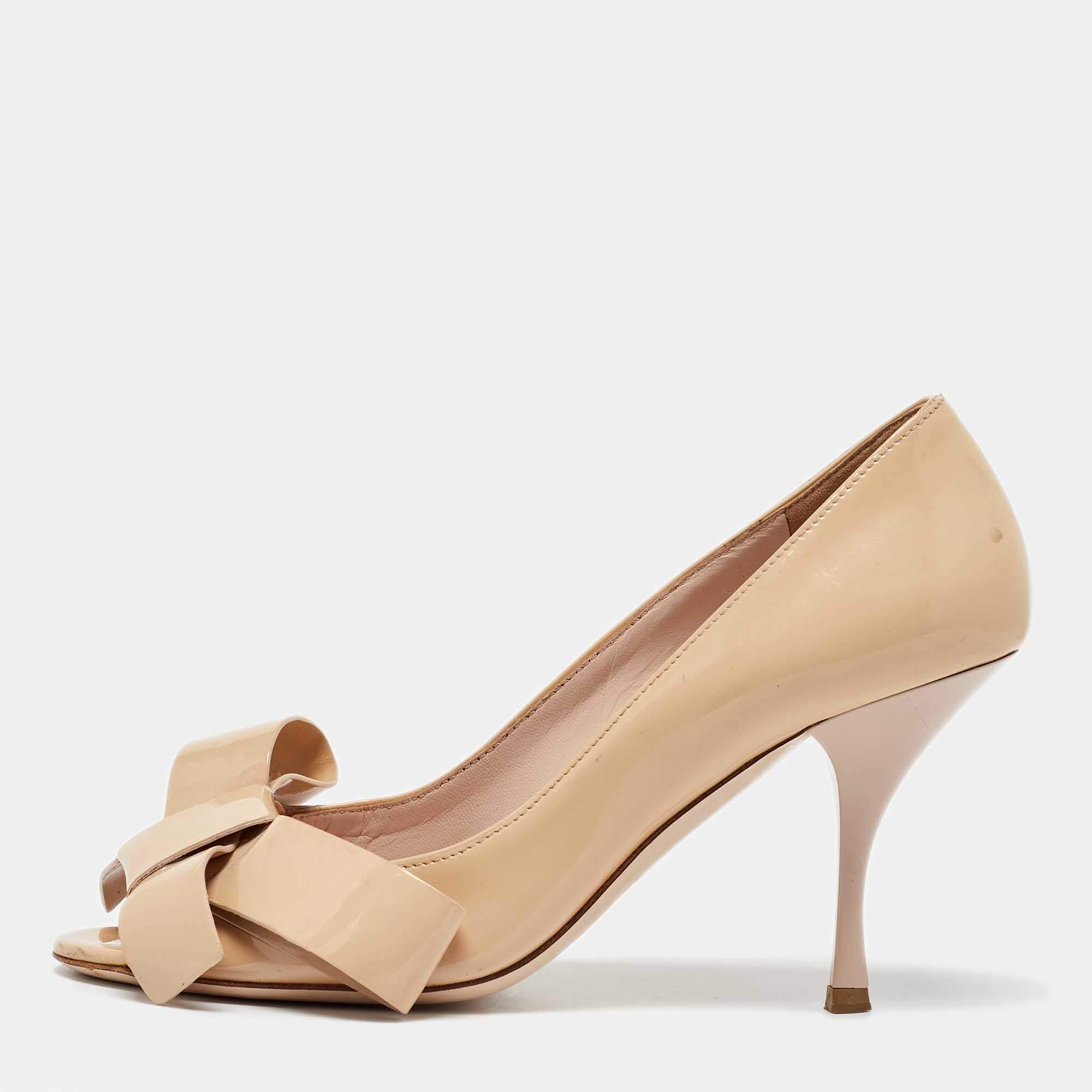 Miu Miu Beige Patent Leather Bow Peep Toe Platform Pumps Size 36