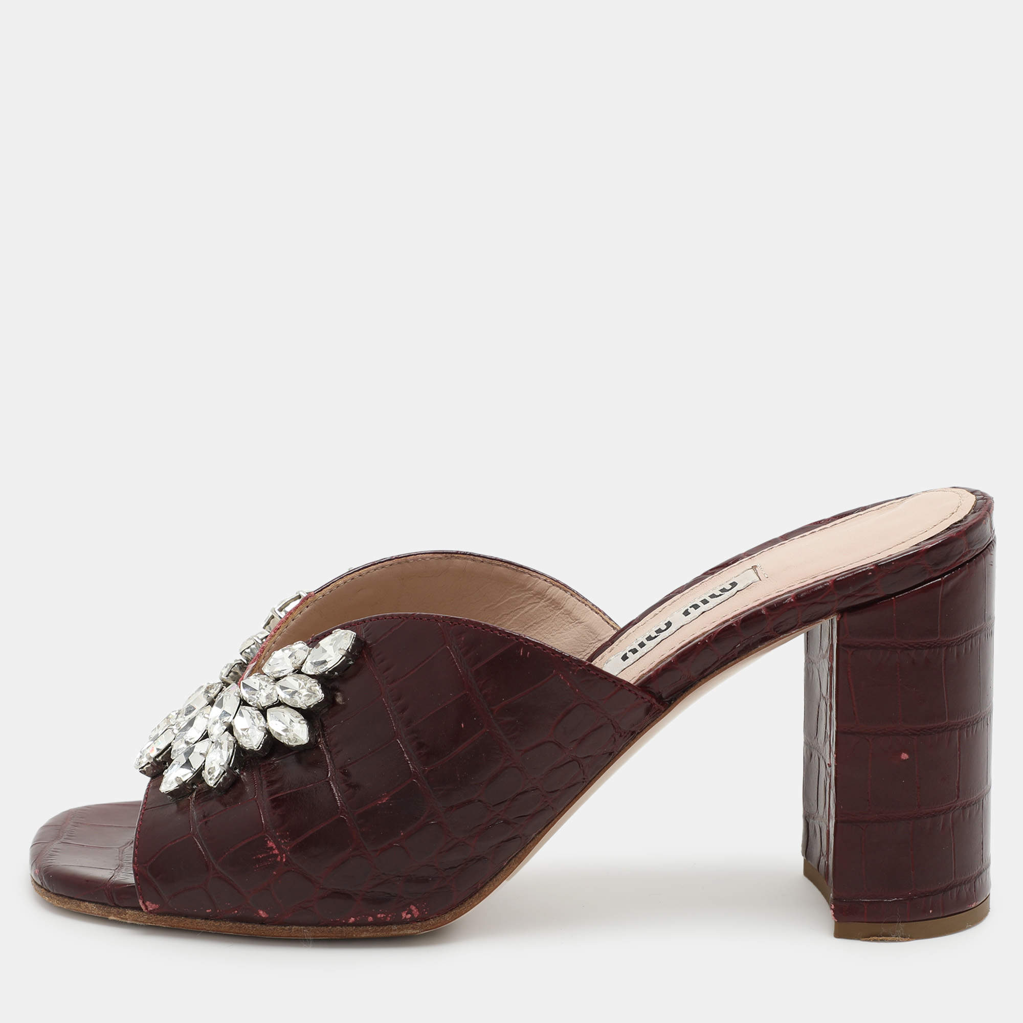 Miu Miu Burgundy Croc Embossed Leather Embellished Slide Sandals Size 36