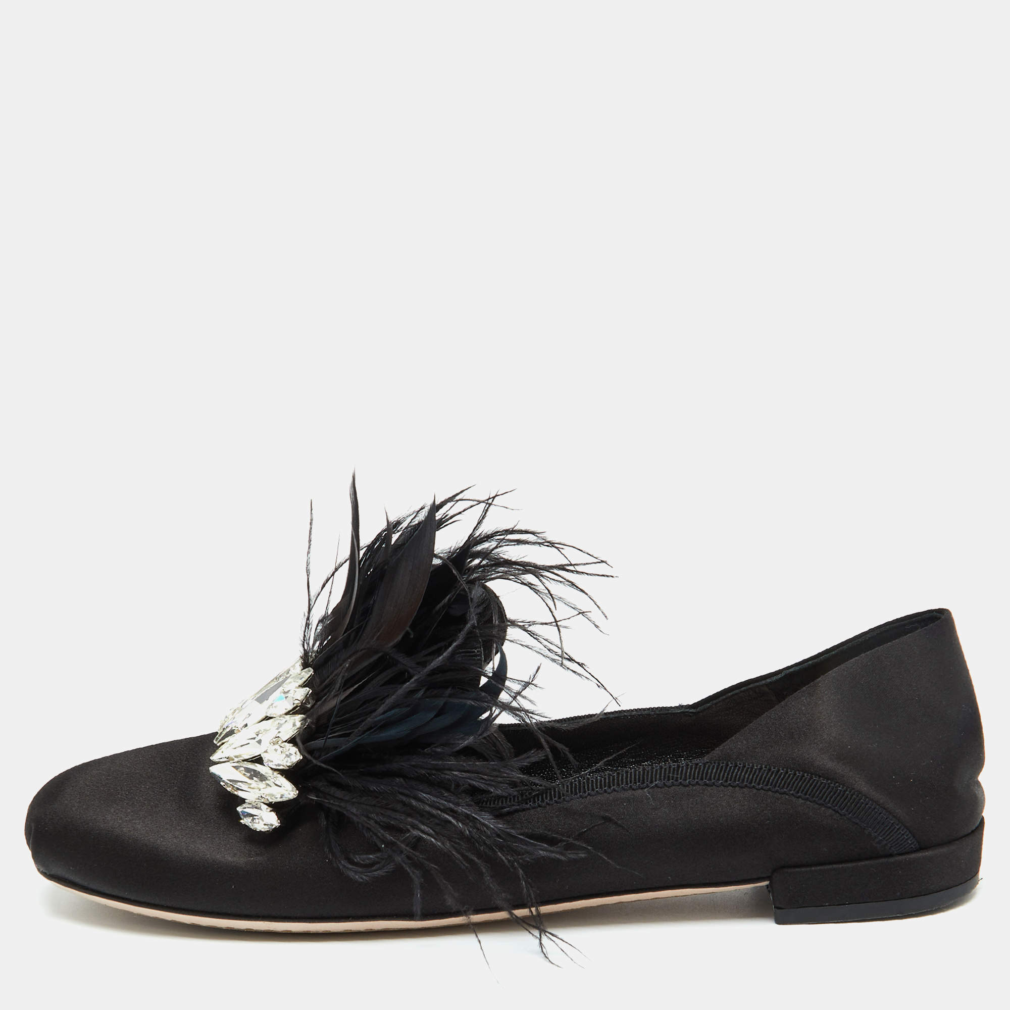 Miu Miu Black Satin Feather Crystal Embellished Smoking Slippers Size 38.5