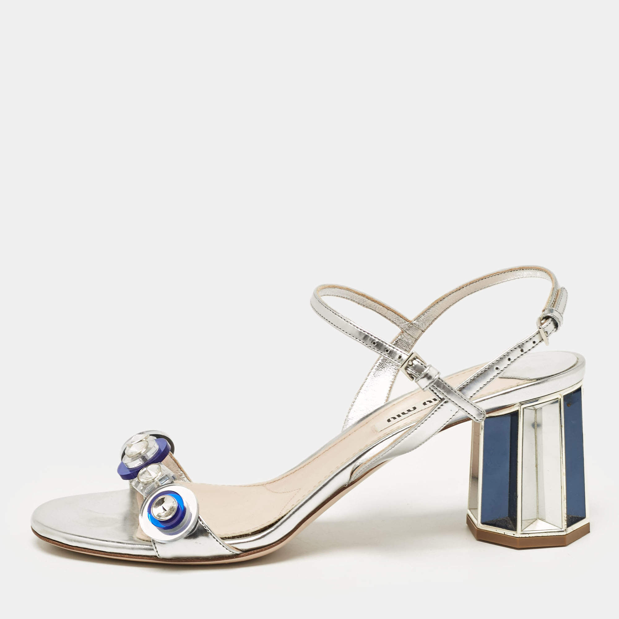 Miu Miu Silver Leather Crystal Embellished Ankle Strap Sandals Size 38
