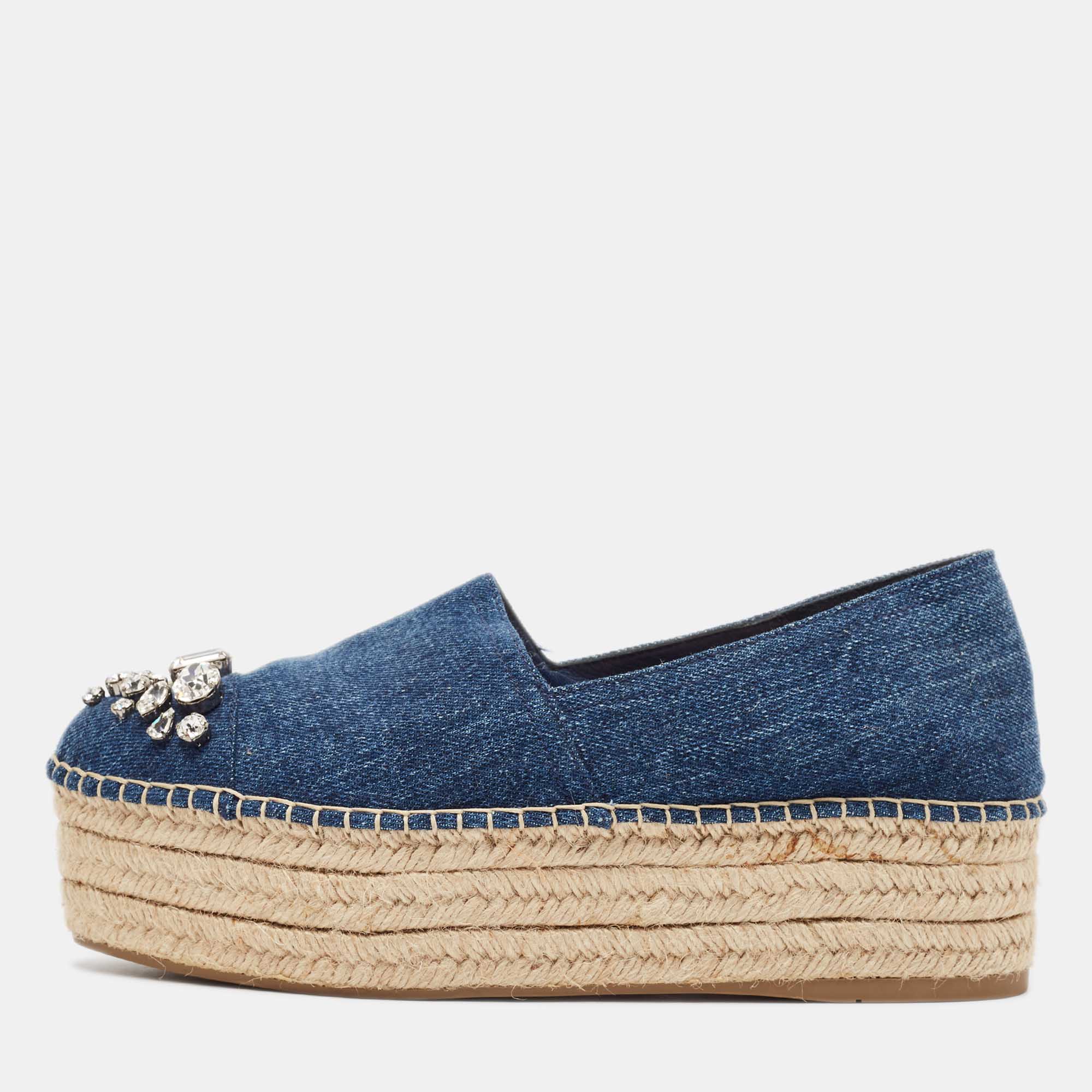 Miu Miu Blue Denim Crystal Embellished Platform Espadrille Flats Size 39.5
