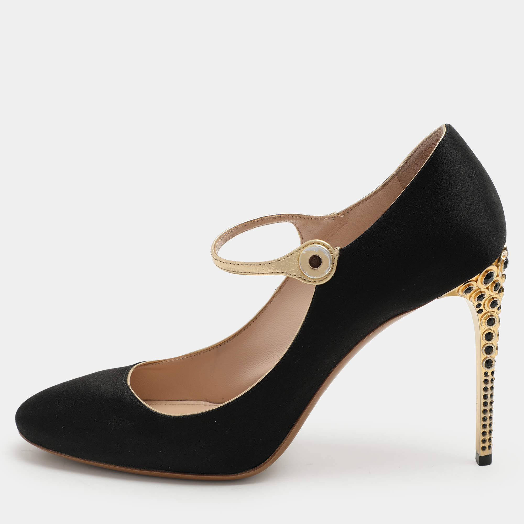 Miu Miu Black/Gold Satin and Leather Mary Jane Pumps Size 40