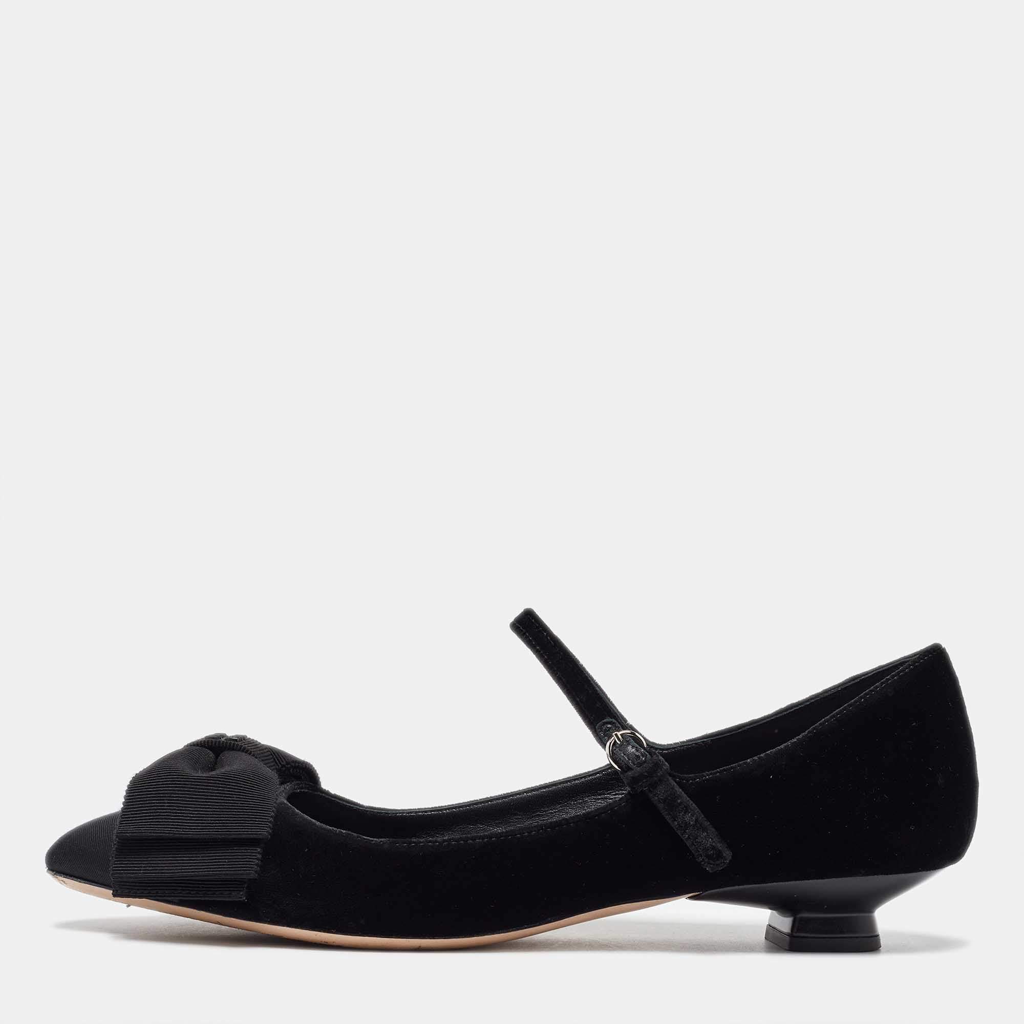 Miu Miu Black Velvet and Fabric Bow Mary Jane Ballet Flats Size 40