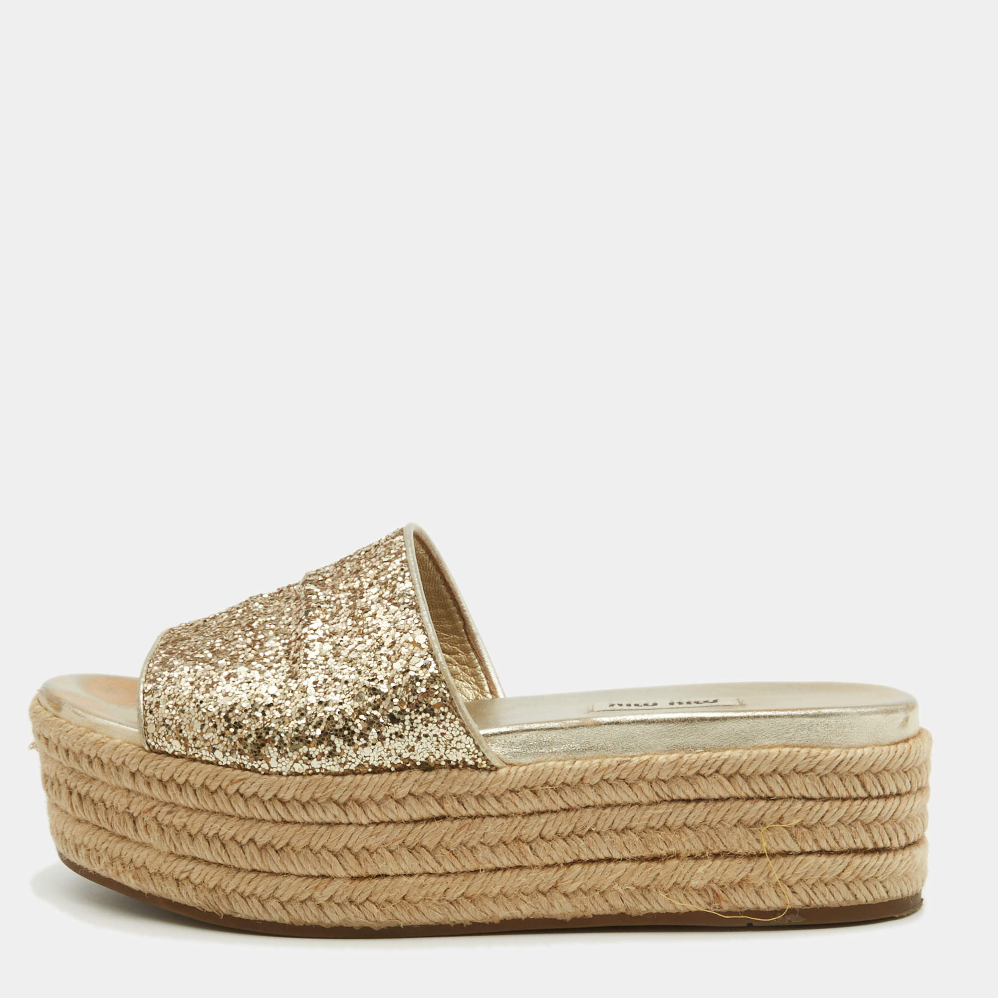 Miu Miu Gold Glitter Espadrille Platform Slide Sandals Size 38