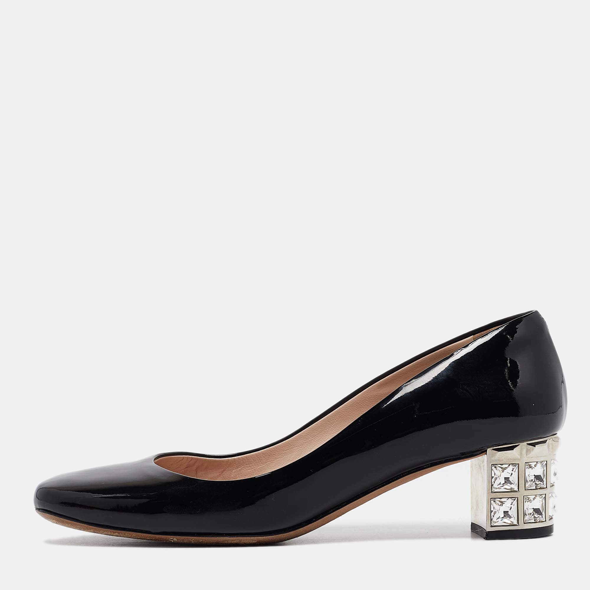 Miu Miu Black Patent Leather Crystal Embellished Block Heel Pumps Size 37