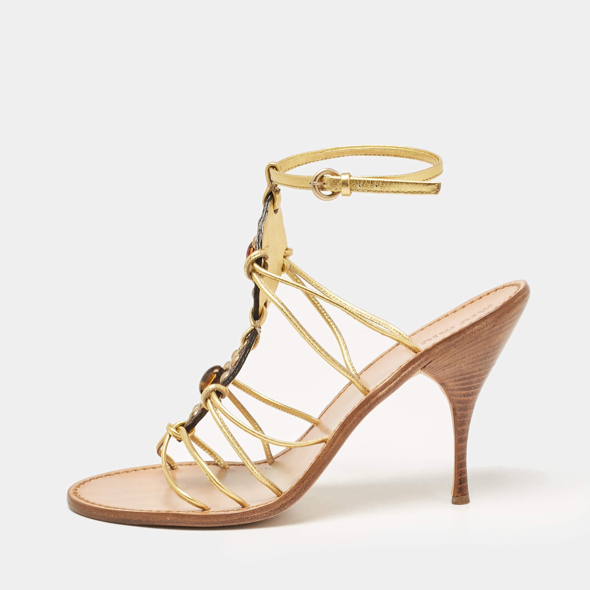 Miu Miu Gold Leather Crystal Embellished Ankle Strap Sandals Size 38.5