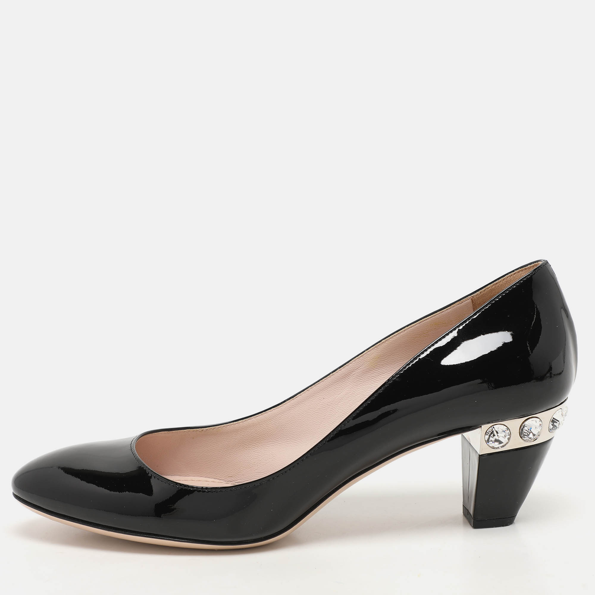 Pre Owned Miu Miu Black Patent Leather Crystal Embellished Block Heel Pumps Size 38