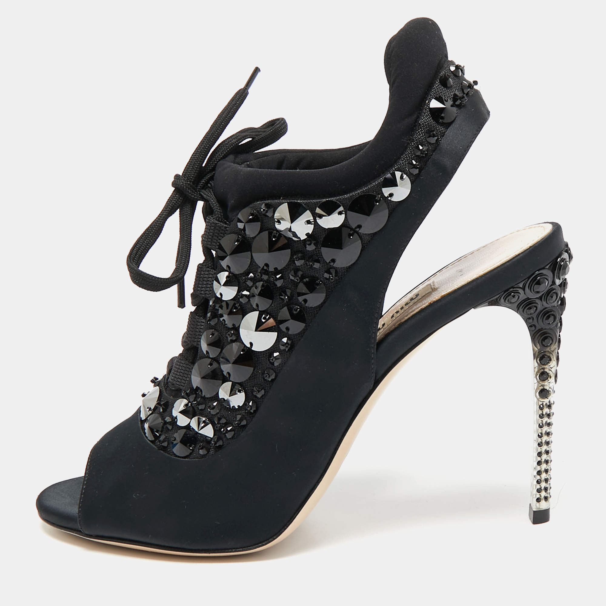 Miu Miu Black Satin And Fabric Crystal Embellished Slingback Sandals Size 38.5