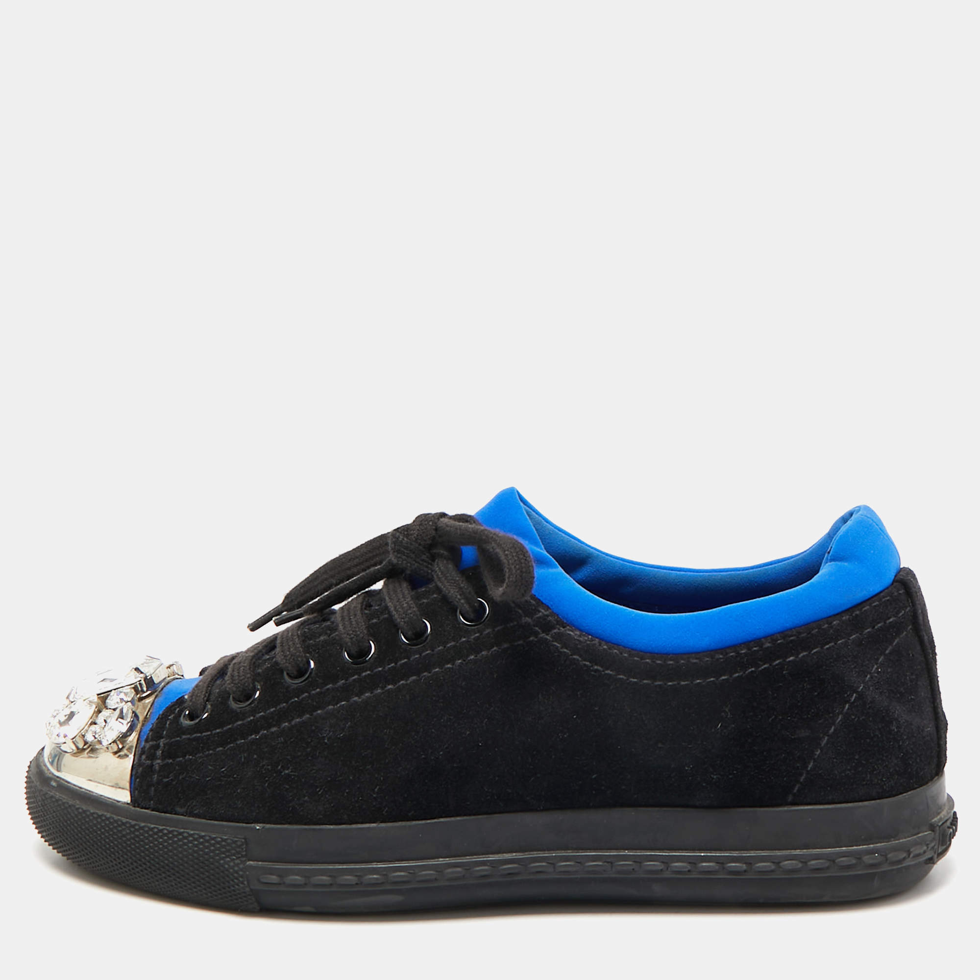 Miu Miu Black/Blue Suede and Fabric Crystal Cap Toe Low Top Sneakers Size 37.5