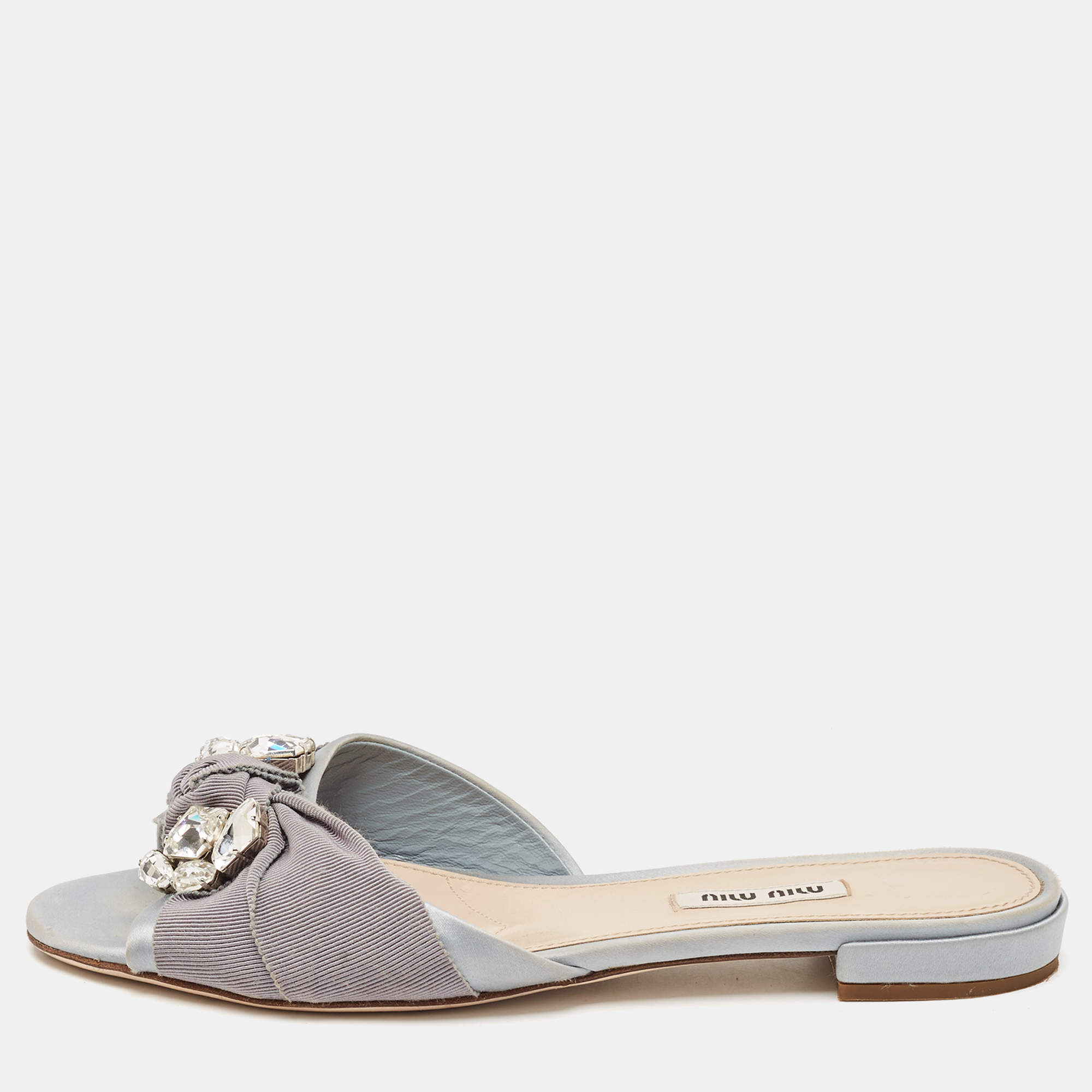 Pre Owned Miu Miu Light Blue Satin And Canvas Knot Crystal Embellished Slide Sandals Size 38