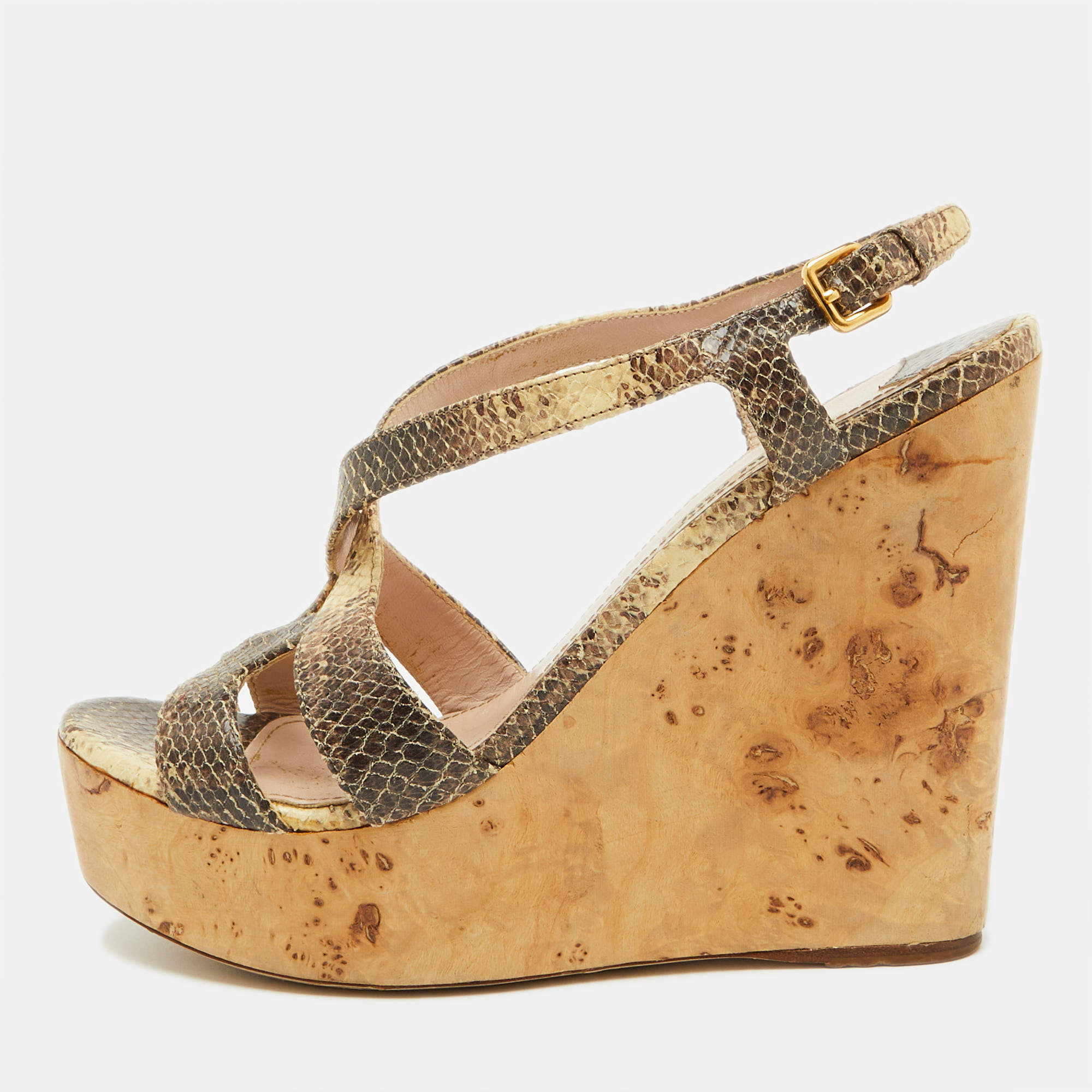 Miu Miu Brown/Cream Python Embossed Leather Platform Wedge Sandals Size 38