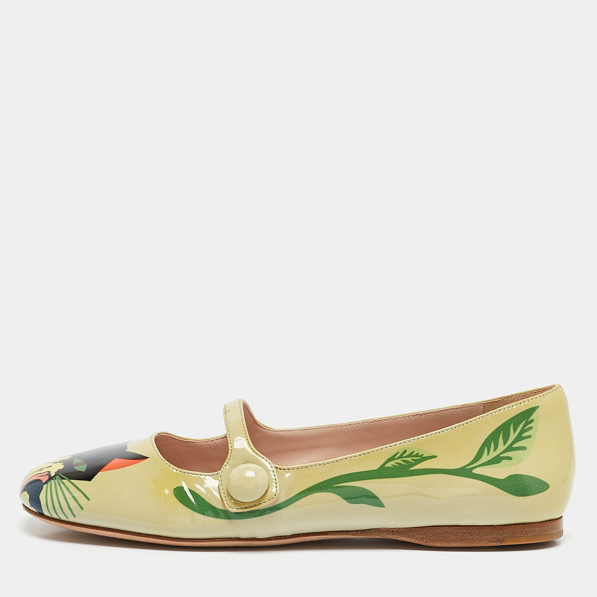 Miu Miu Green Cat Print Patent Leather Ballet Flats Size 36