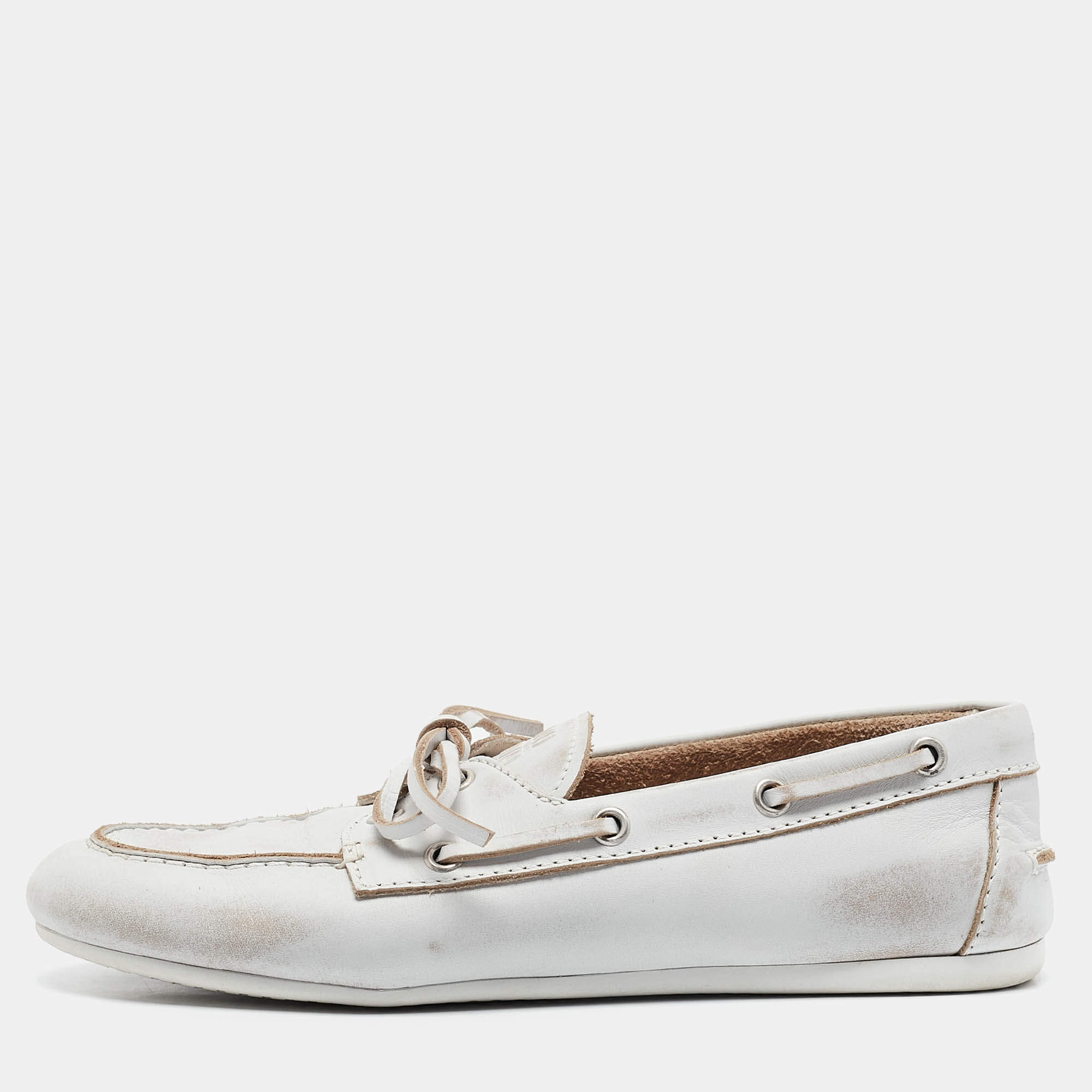 Miu Miu White Distressed Leather Bow Slip On Boat Shoes Size 36.5