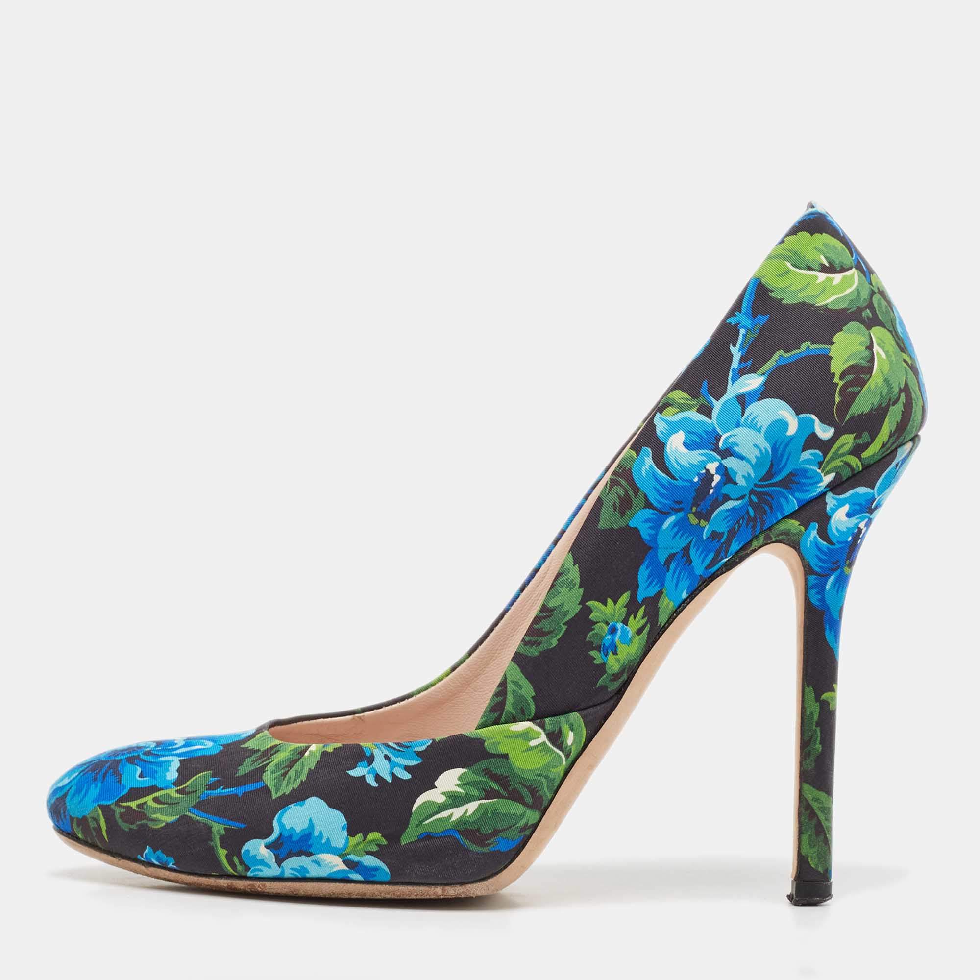 Miu Miu Multicolor Flower Pint Satin Round Toe Pumps Size 37.5