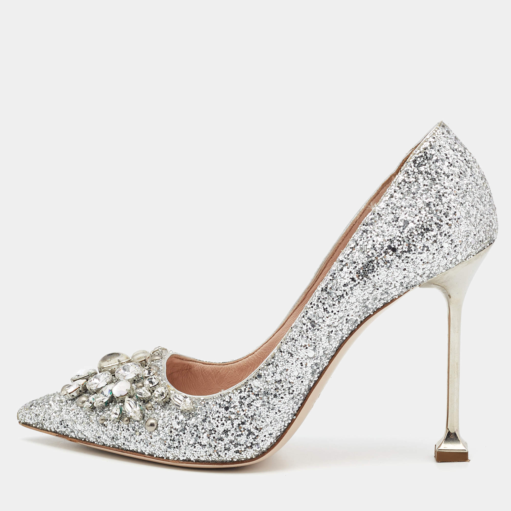 Miu Miu Silver Studded Glitter Crystal Embellished Pointed-Toe Pumps Size 39