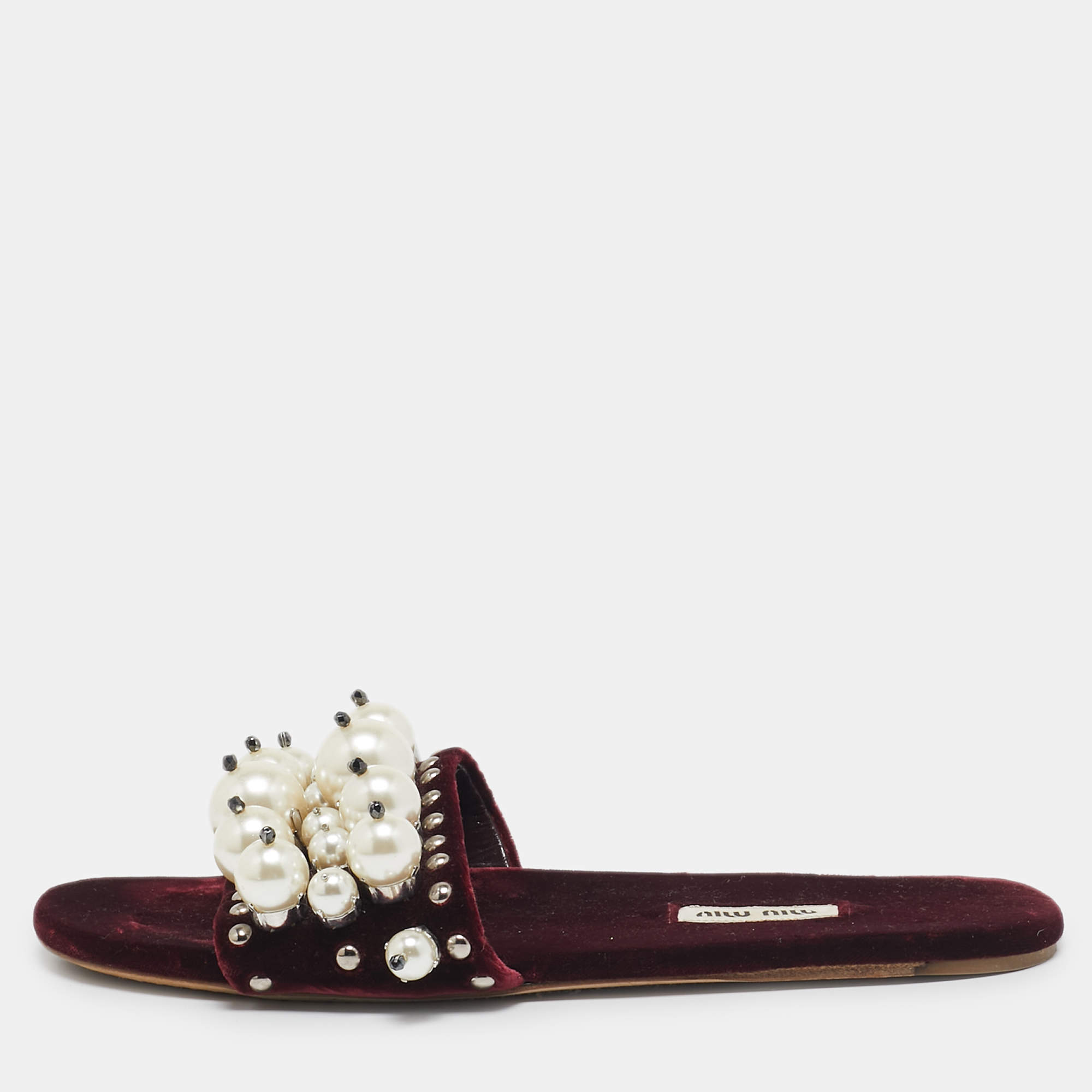 Miu Miu Burgundy Velvet Pearl Embellished Flat Slides Size 38