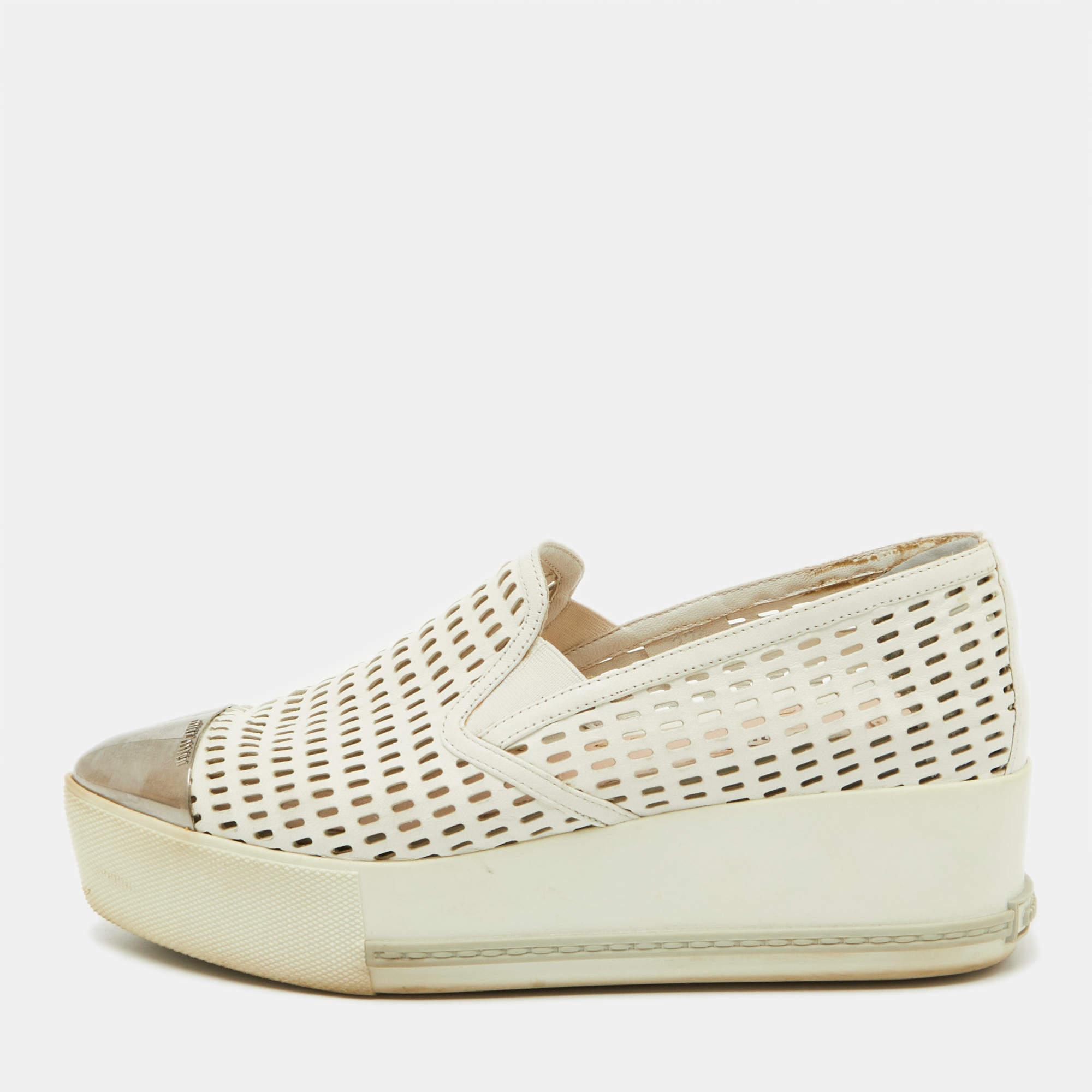 Miu Miu White Perforated Leather Metal Cap Toe Slip On Sneakers Size 37.5