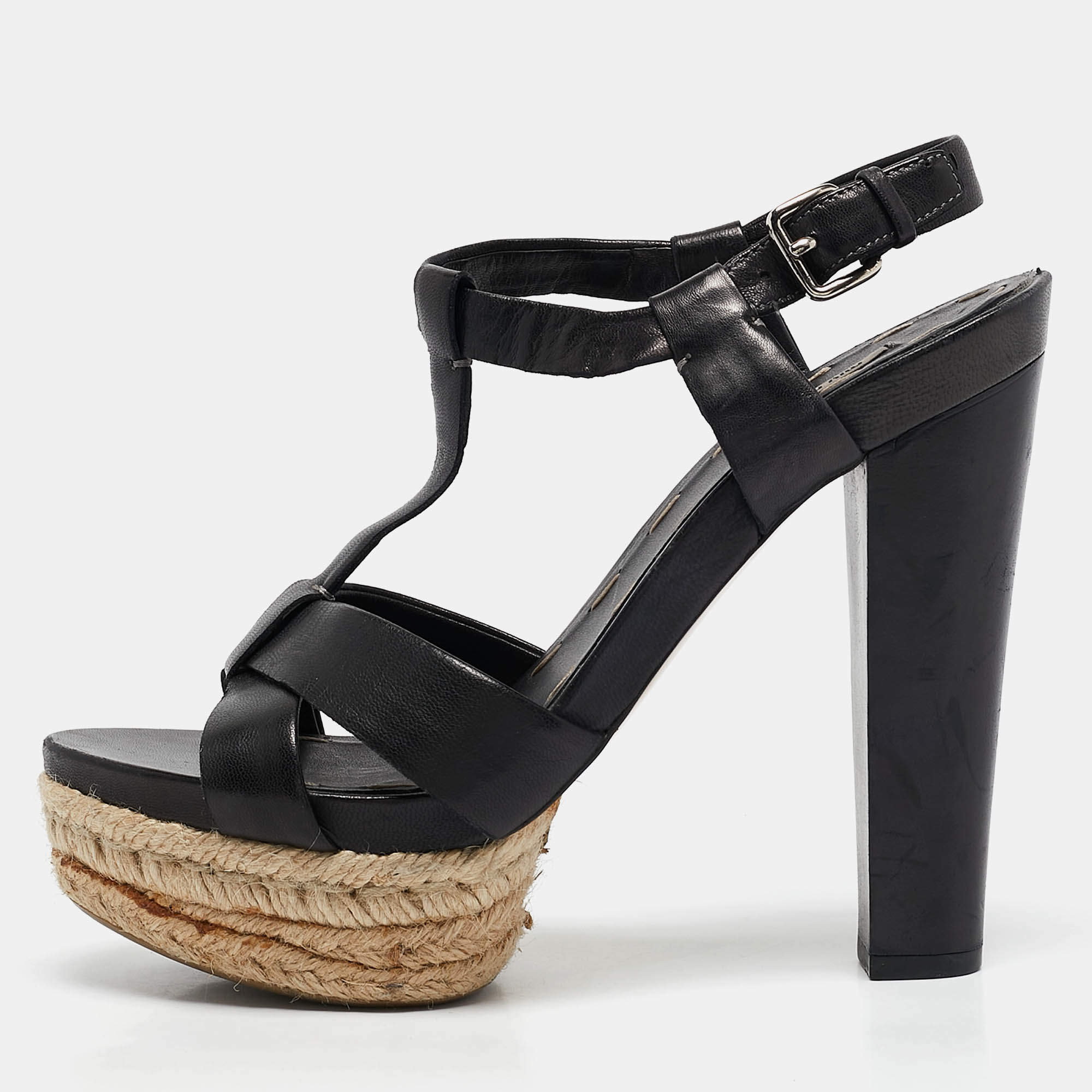 Miu Miu Black Leather Platform Ankle Strap Sandals Size 38.5