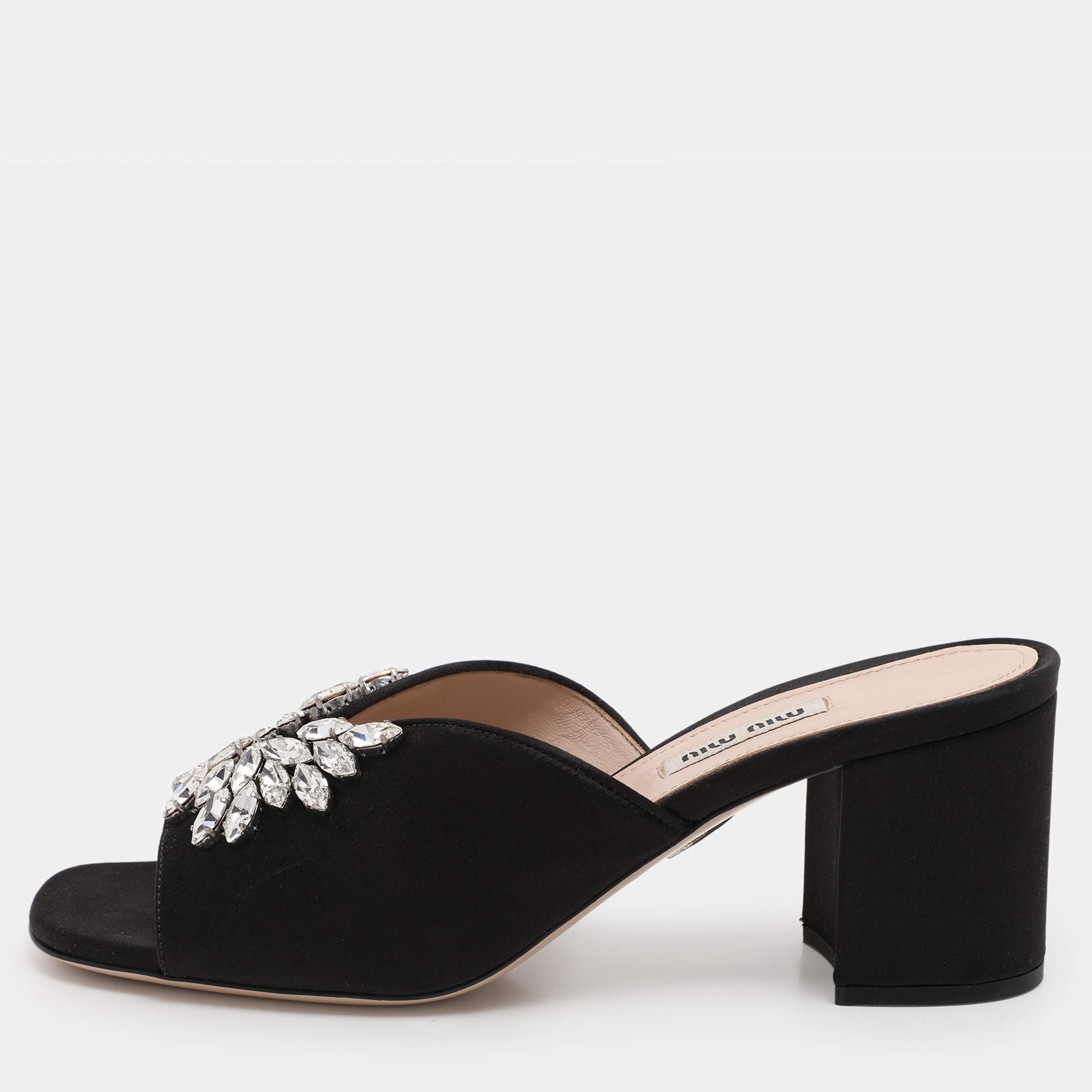Miu Miu Black Satin Crystal Embellished Block Heel Slide Sandals Size 38