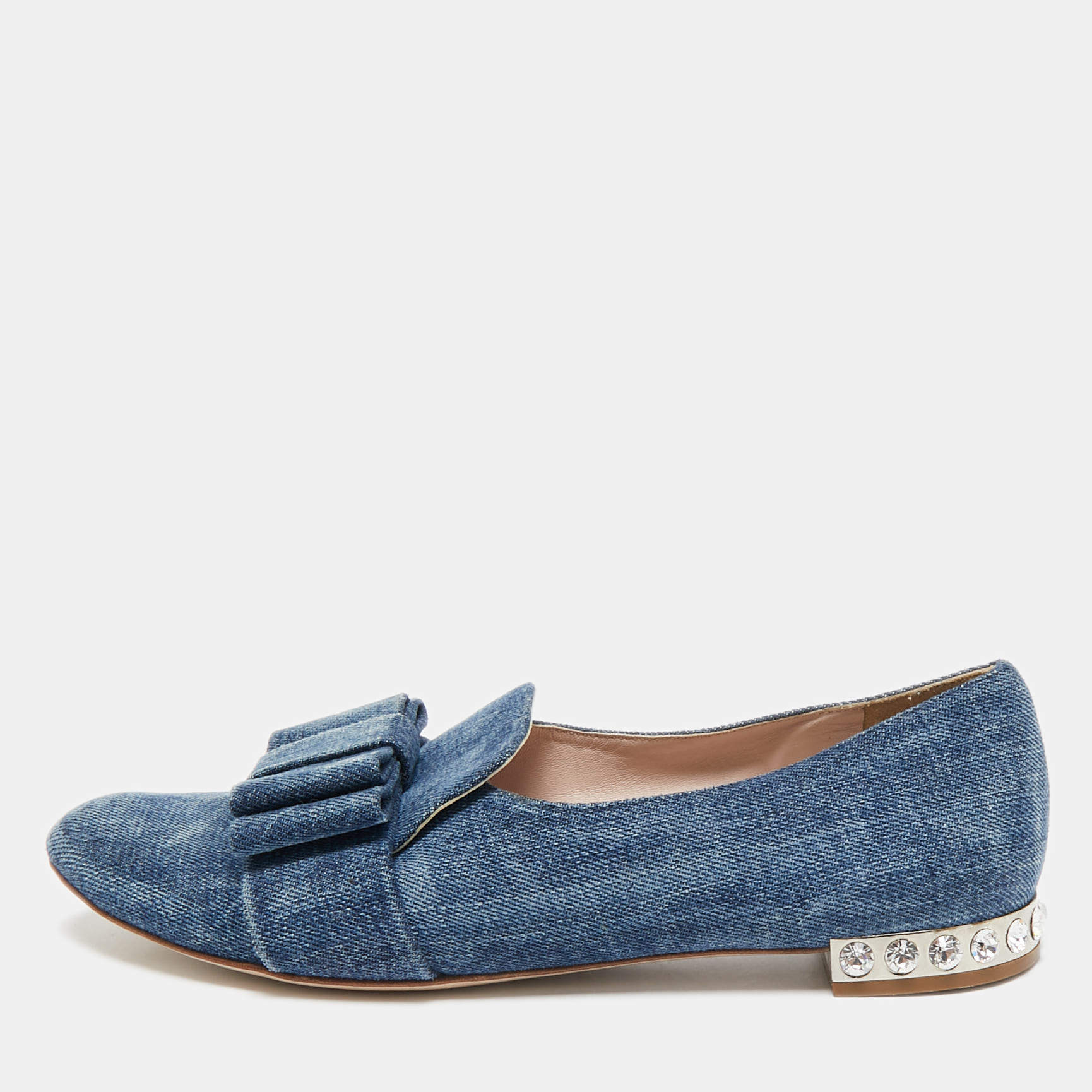 Miu Miu Blue Denim Bow  Crystal Embellished Smoking Slippers Size 39