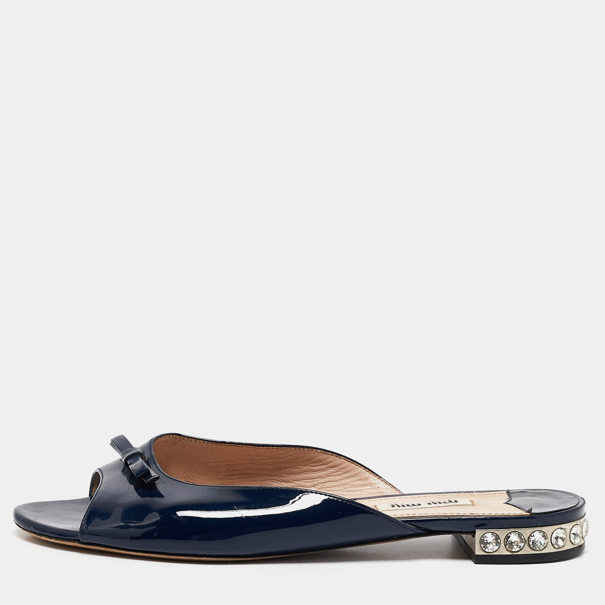 Miu Miu Blue Patent Leather Crystal Embellished Bow Flat Slides Size 38.5