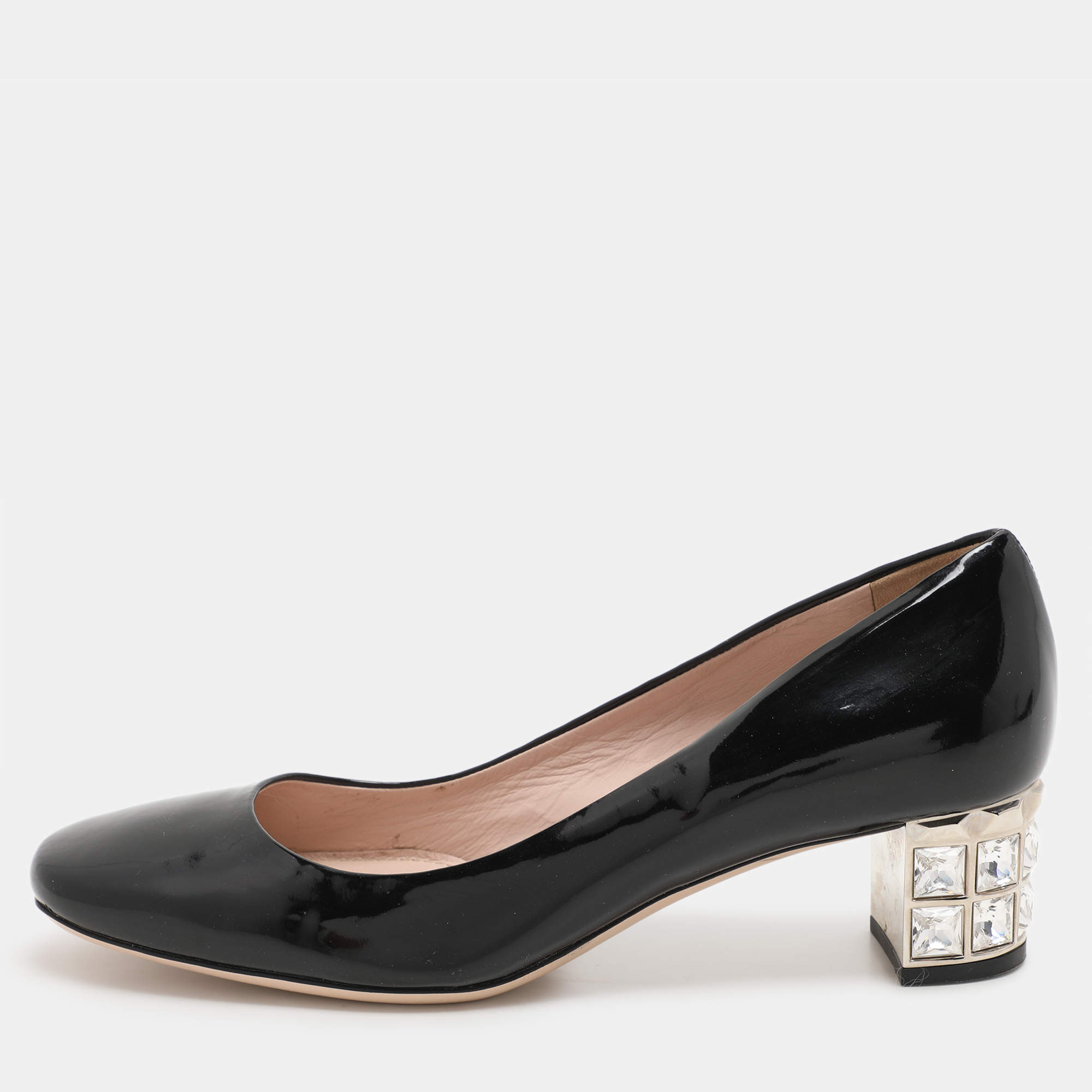 Miu Miu Black Patent Leather Embellished Pumps Size 36.5