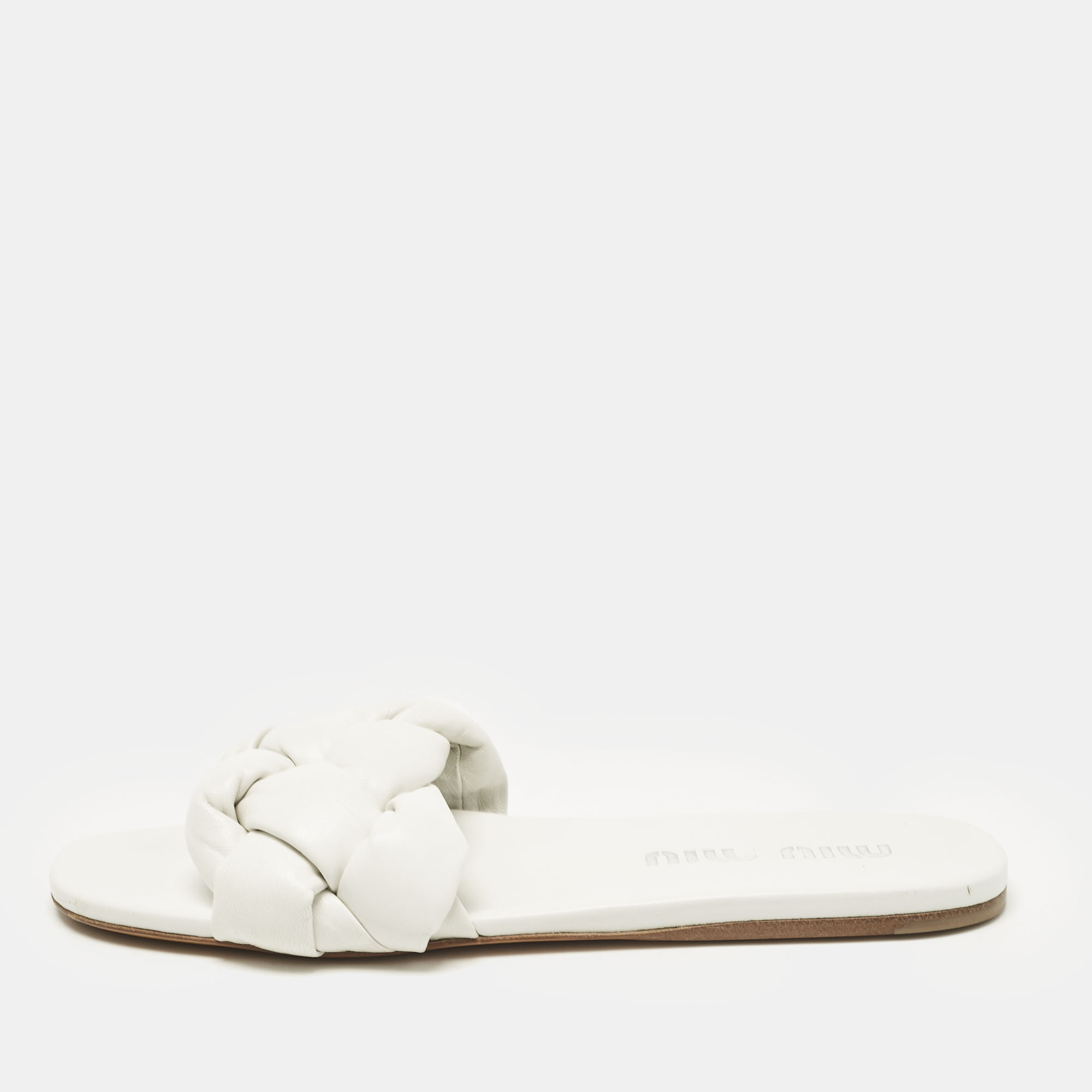 Miu Miu White Intrecciato Leather Flat Slides Size 40
