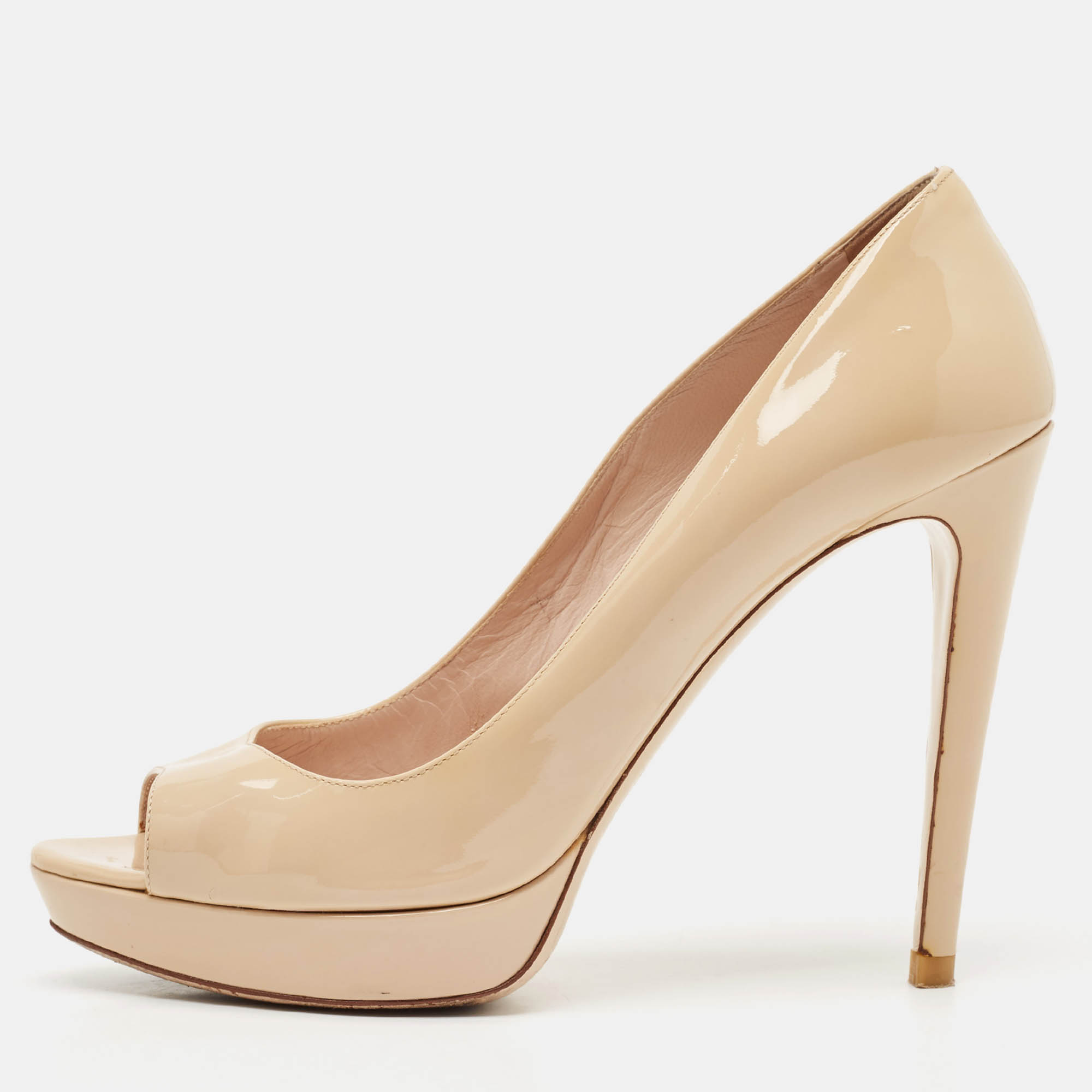 Miu Miu Beige Patent Leather Peep Toe Platform Pumps Size 39.5