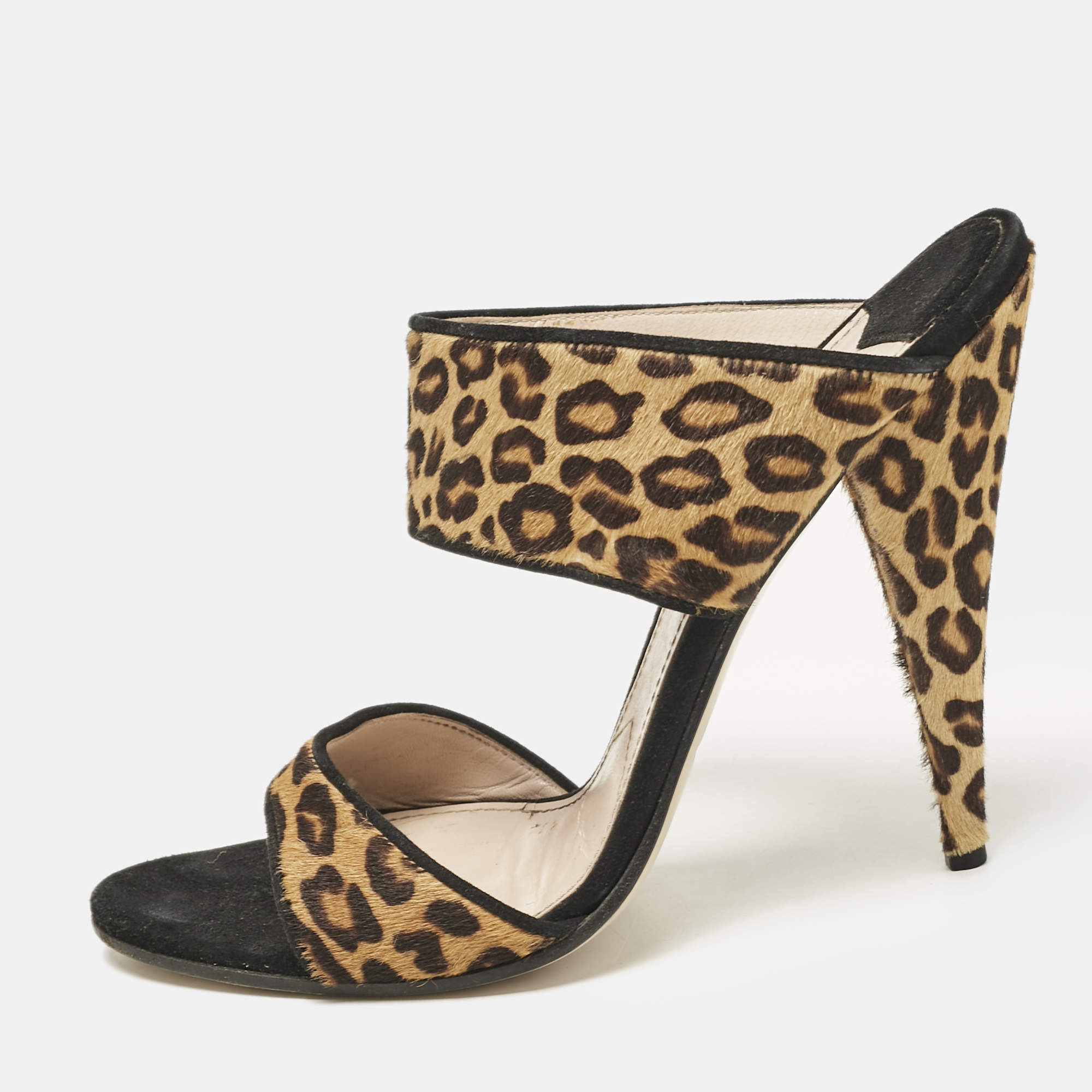 Miu Miu Brow Leopard Print Calf Hair and Suede Slide Sandals Size 38