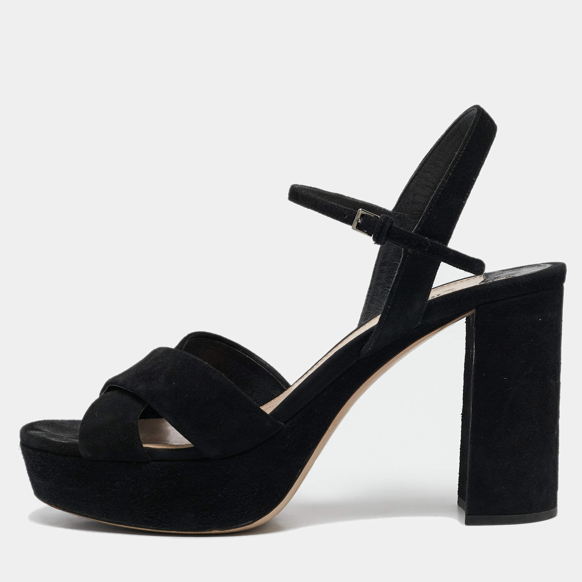 Miu Miu Black Suede Platform Block Heel Ankle Strap Sandals Size 40.5