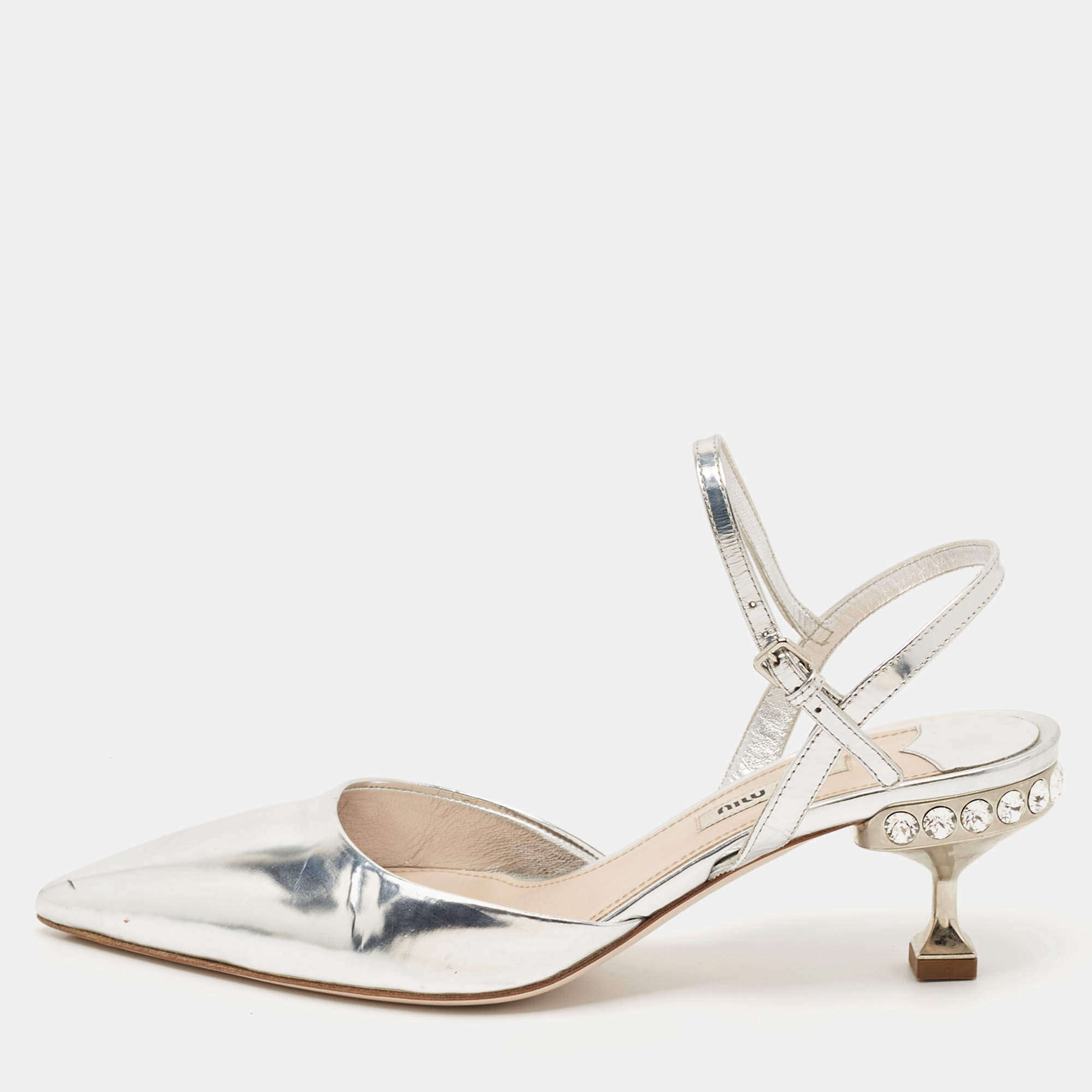 Miu Miu Silver Patent Leather Pointed Toe Slingback Pumps Size 37