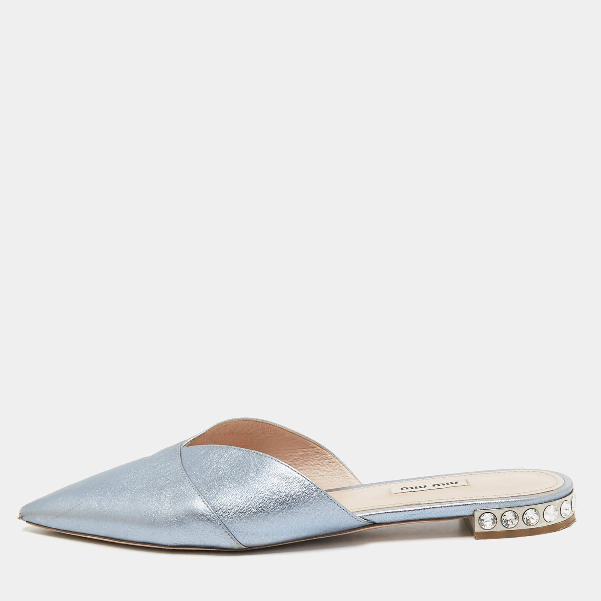 Miu Miu Metallic Blue Leather Crystal Embellished Mules Size 41