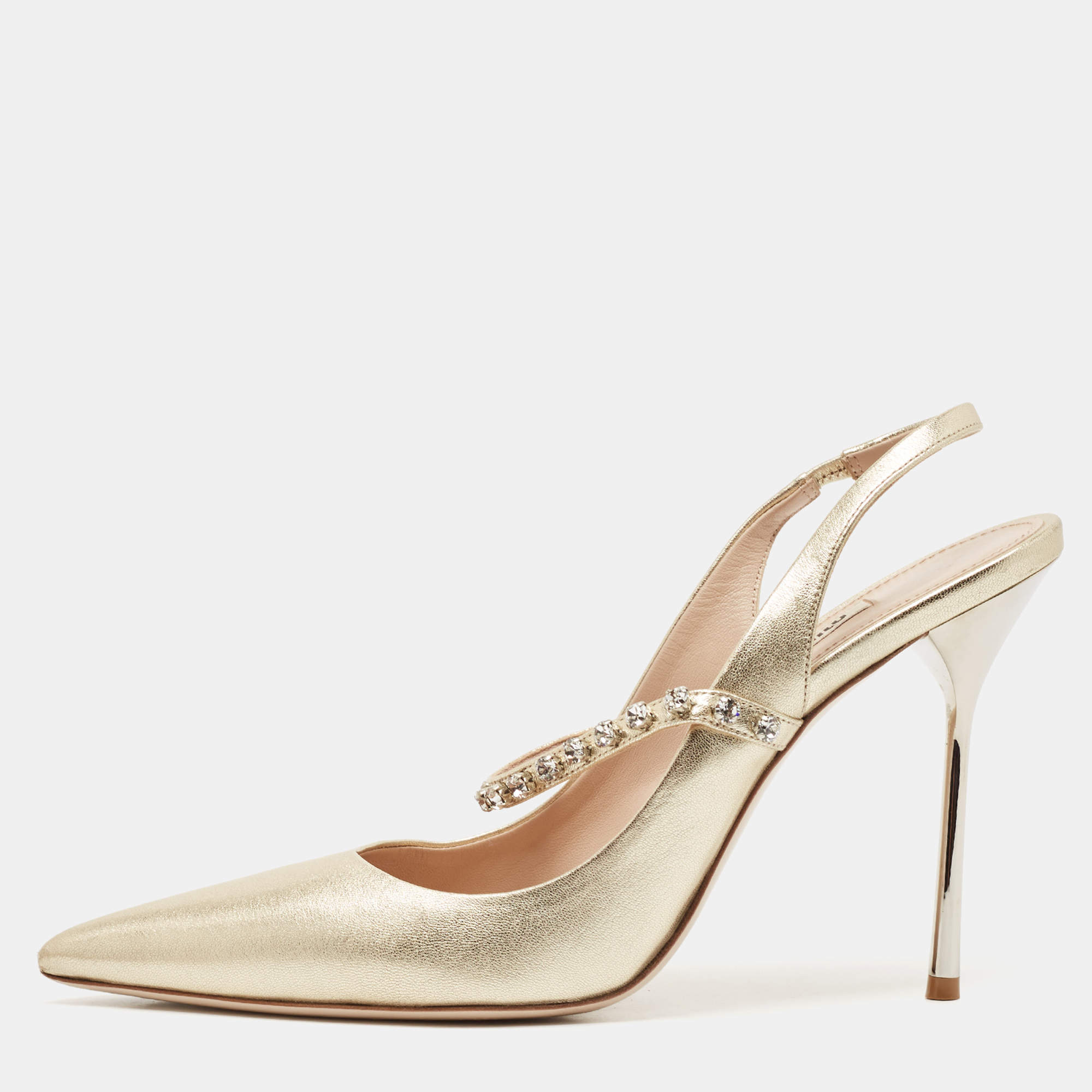 Pre Owned Miu Miu Metallic Gold Leather Crystal Embellished Pumps Size 40