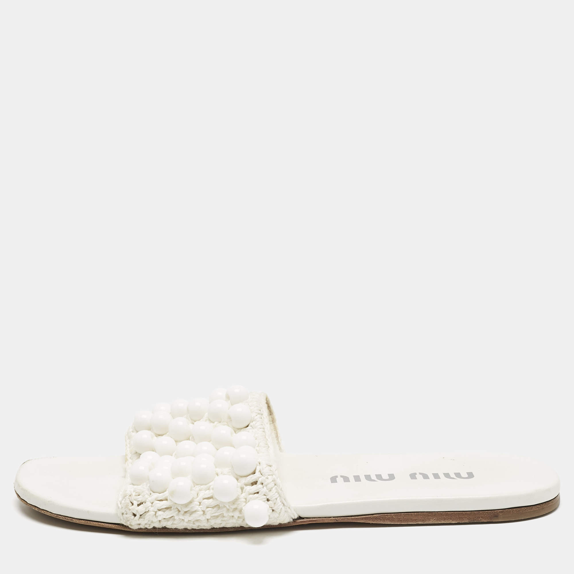 Miu Miu White Crochet Beaded Slide Flats Size 39