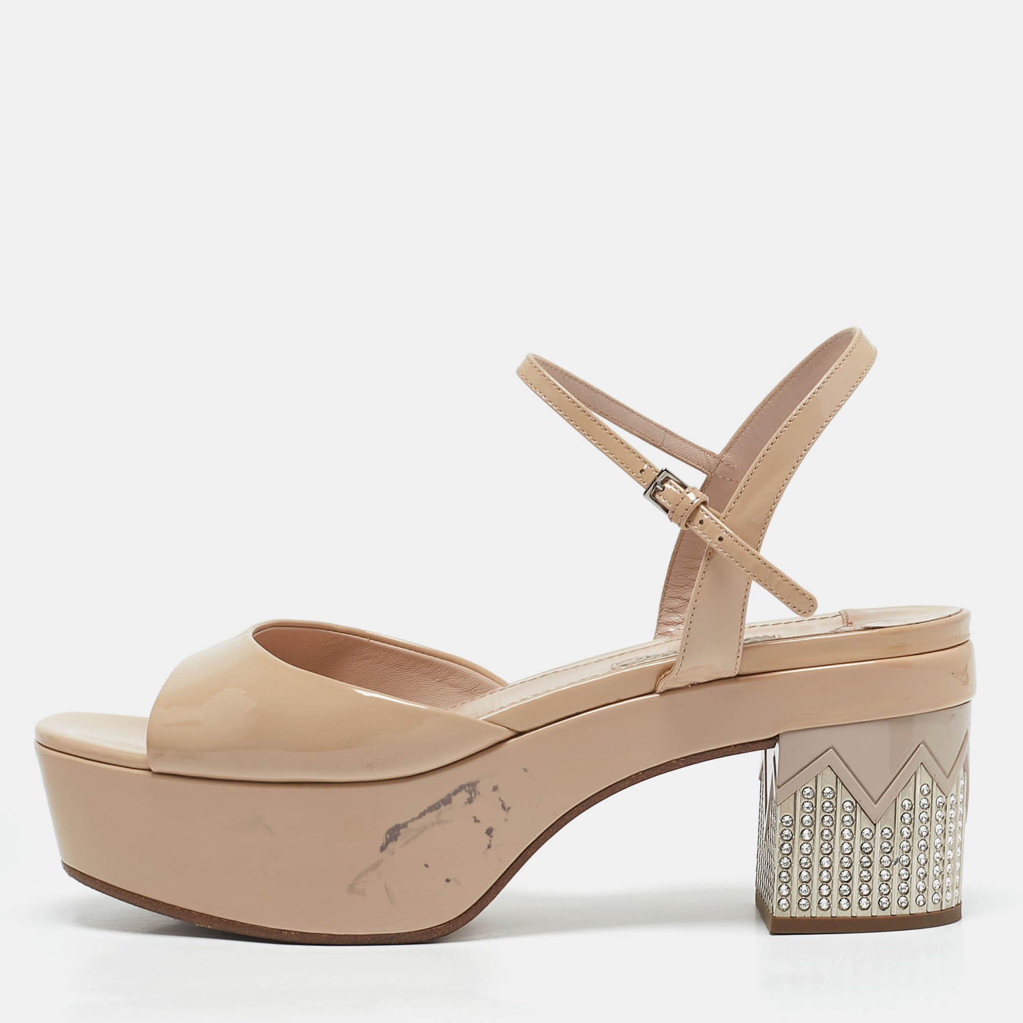 Miu Miu Beige Patent Leather Ankle Strap Sandals Size 38