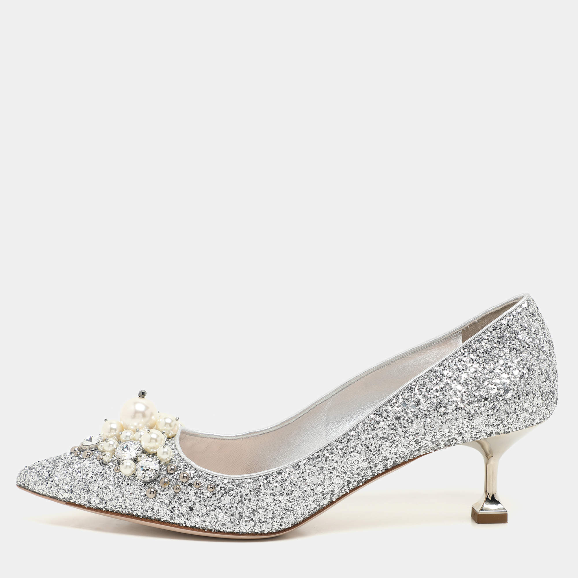 Miu Miu Silver Studded Glitter Crystal Embellished Pointed-Toe Pumps Size 38.5