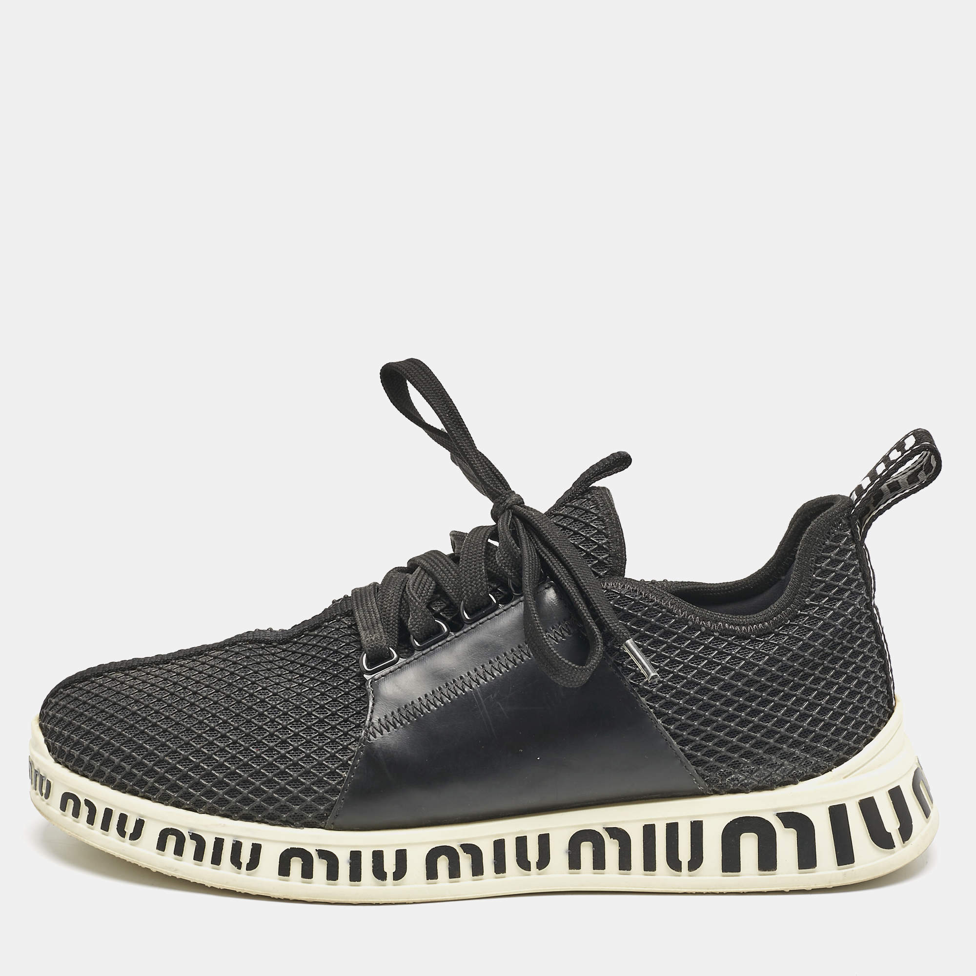 Miu Miu Black Leather and Mesh Lace Up Sneakers Size 39.5