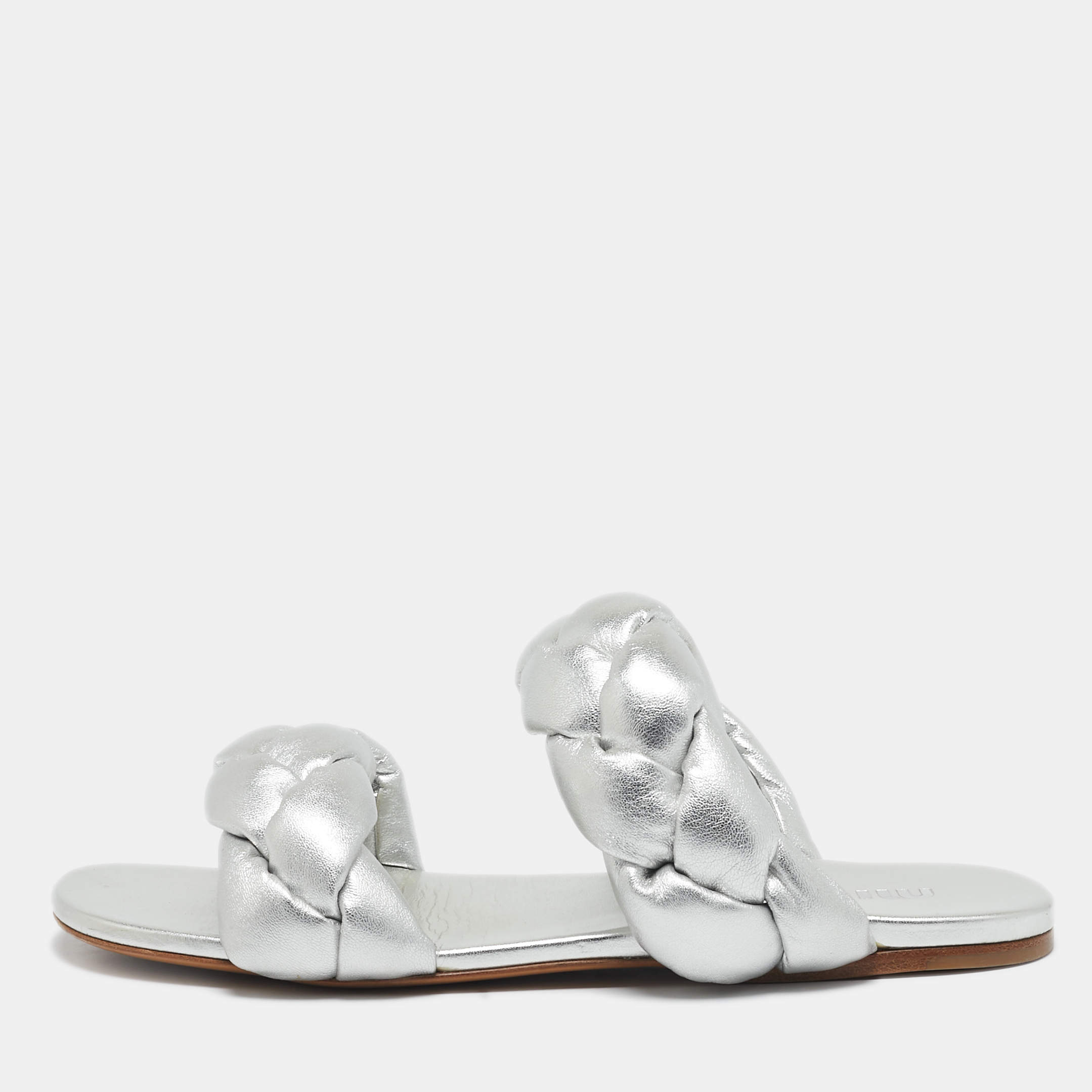 Miu Miu Silver Woven Leather Flat Sandals Size 38.5