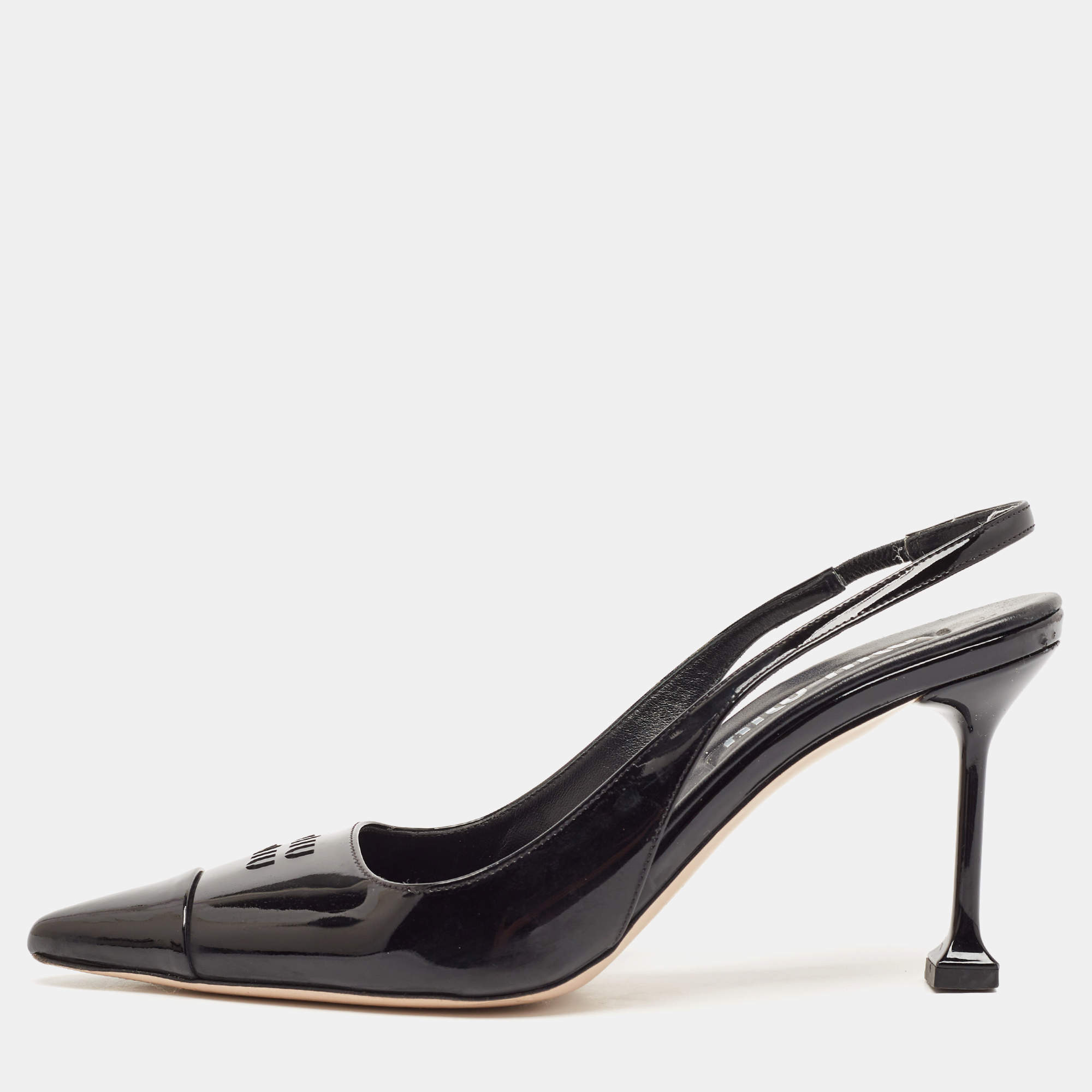 Miu Miu Black Leather Logo Pointed Cap Toe Slingback Pumps Size 37.5